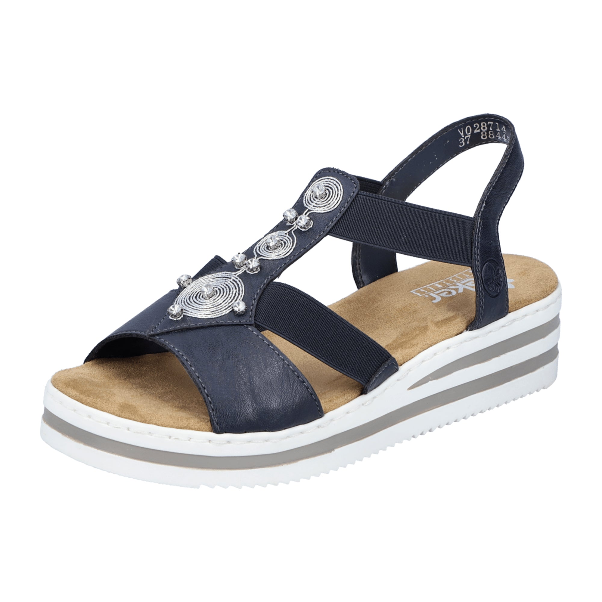 Rieker Blue Wedge Sandals for Women with Elastic Straps and Silver Accents
