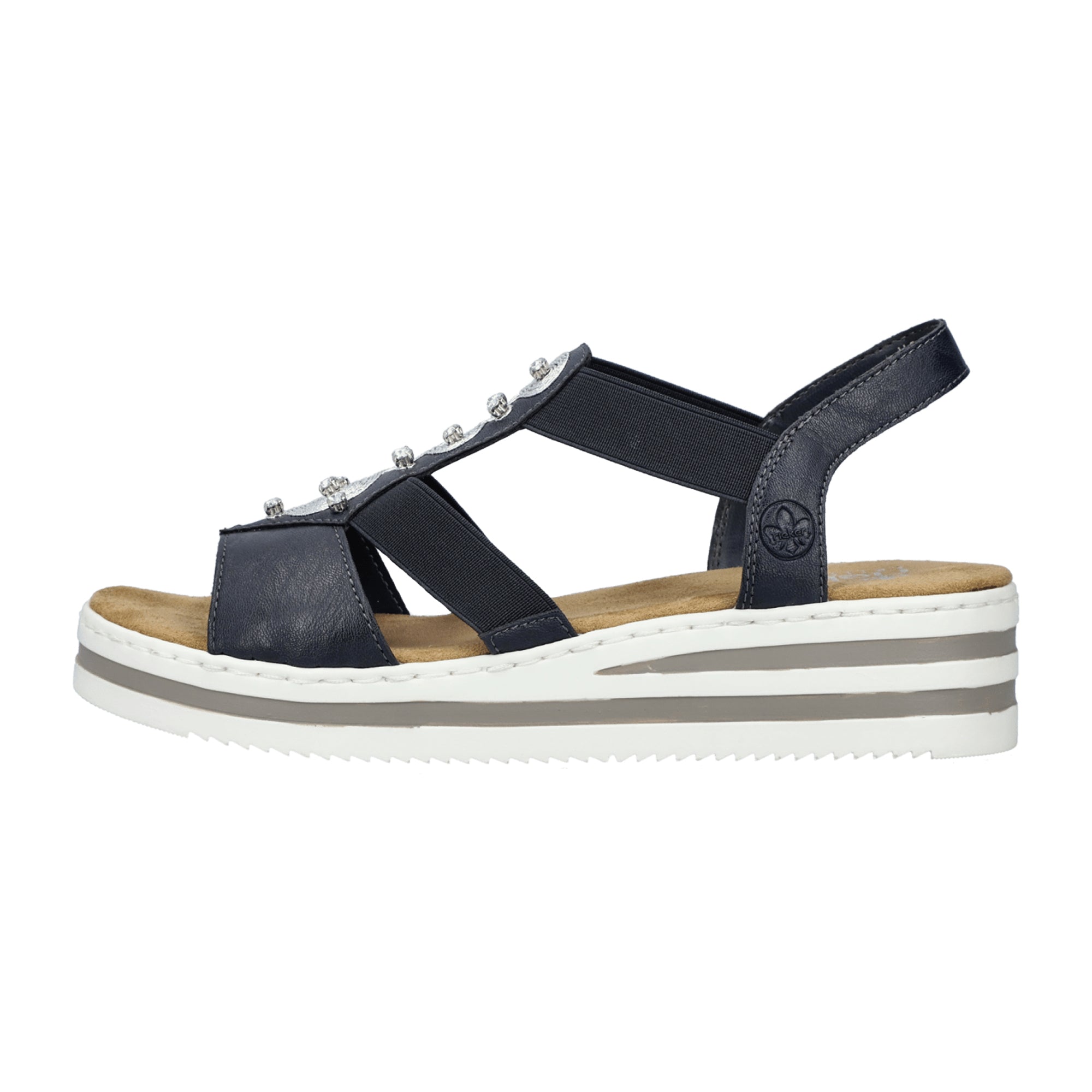 Rieker Blue Wedge Sandals for Women with Elastic Straps and Silver Accents