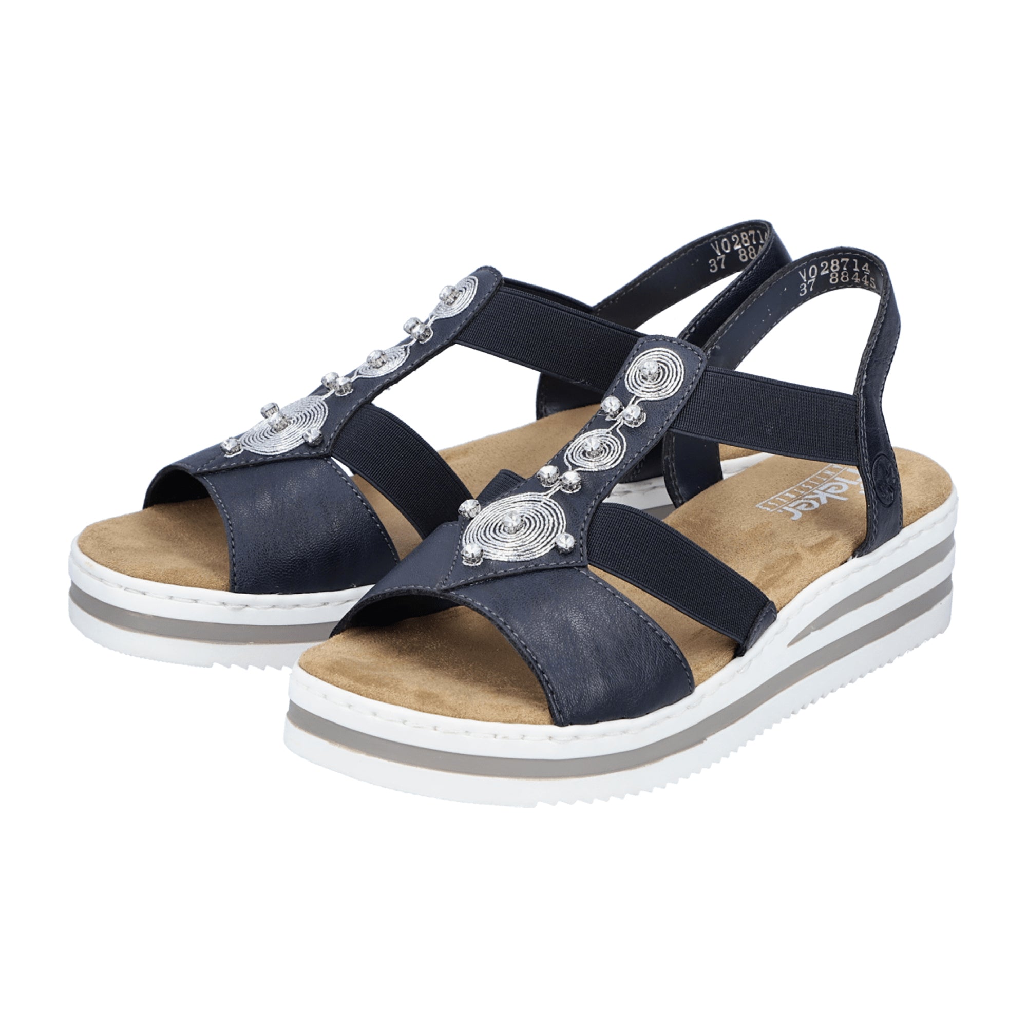 Rieker Blue Wedge Sandals for Women with Elastic Straps and Silver Accents