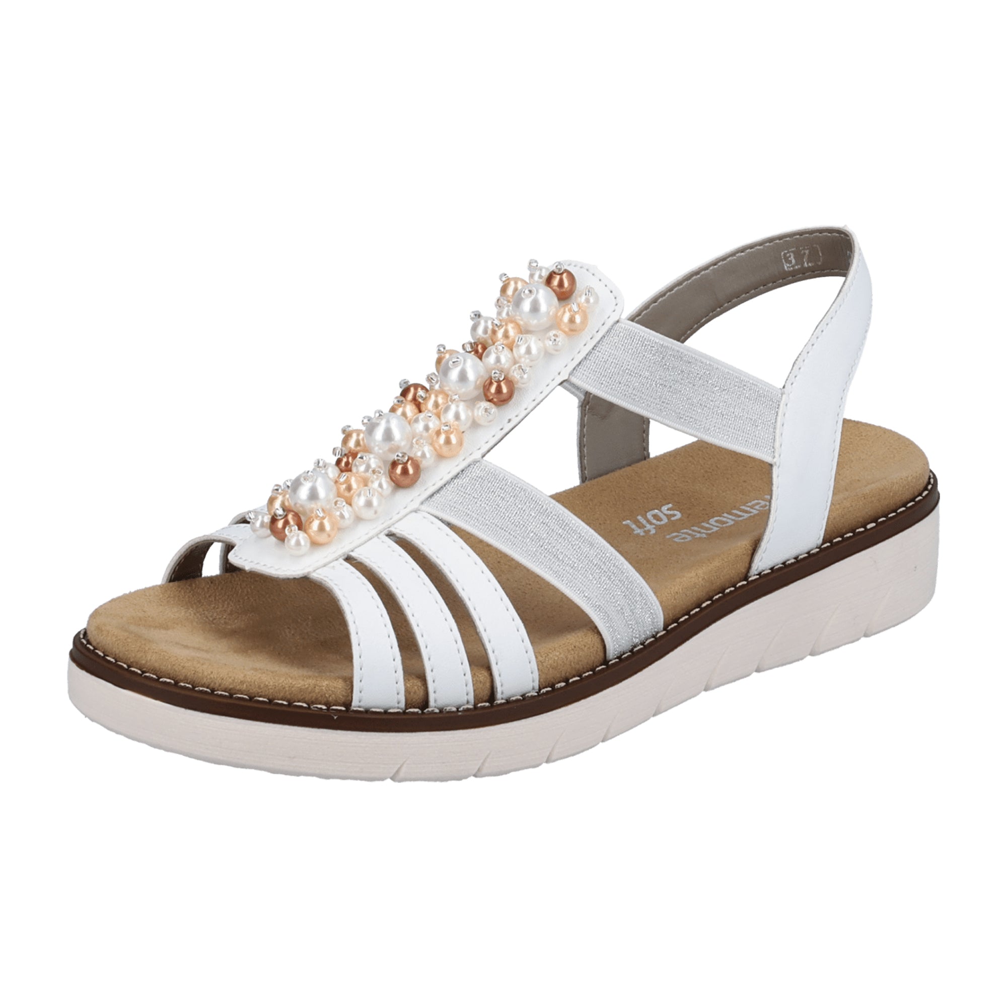 Remonte White Women's Sandals with Elastic Strap and Pearl Accent