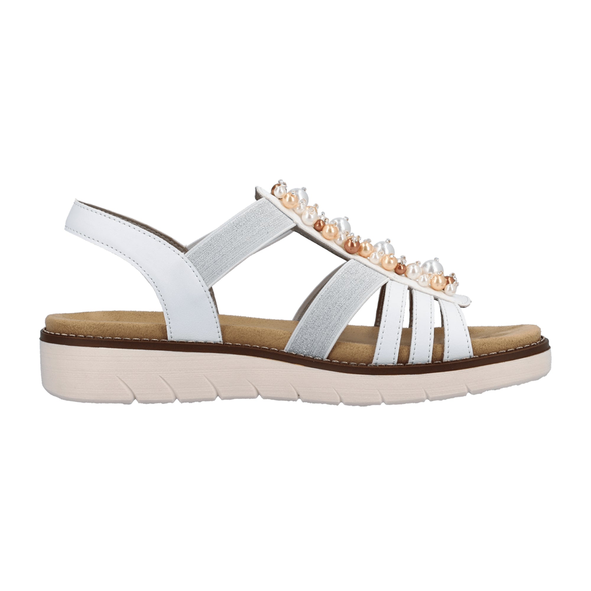 Remonte White Women's Sandals with Elastic Strap and Pearl Accent