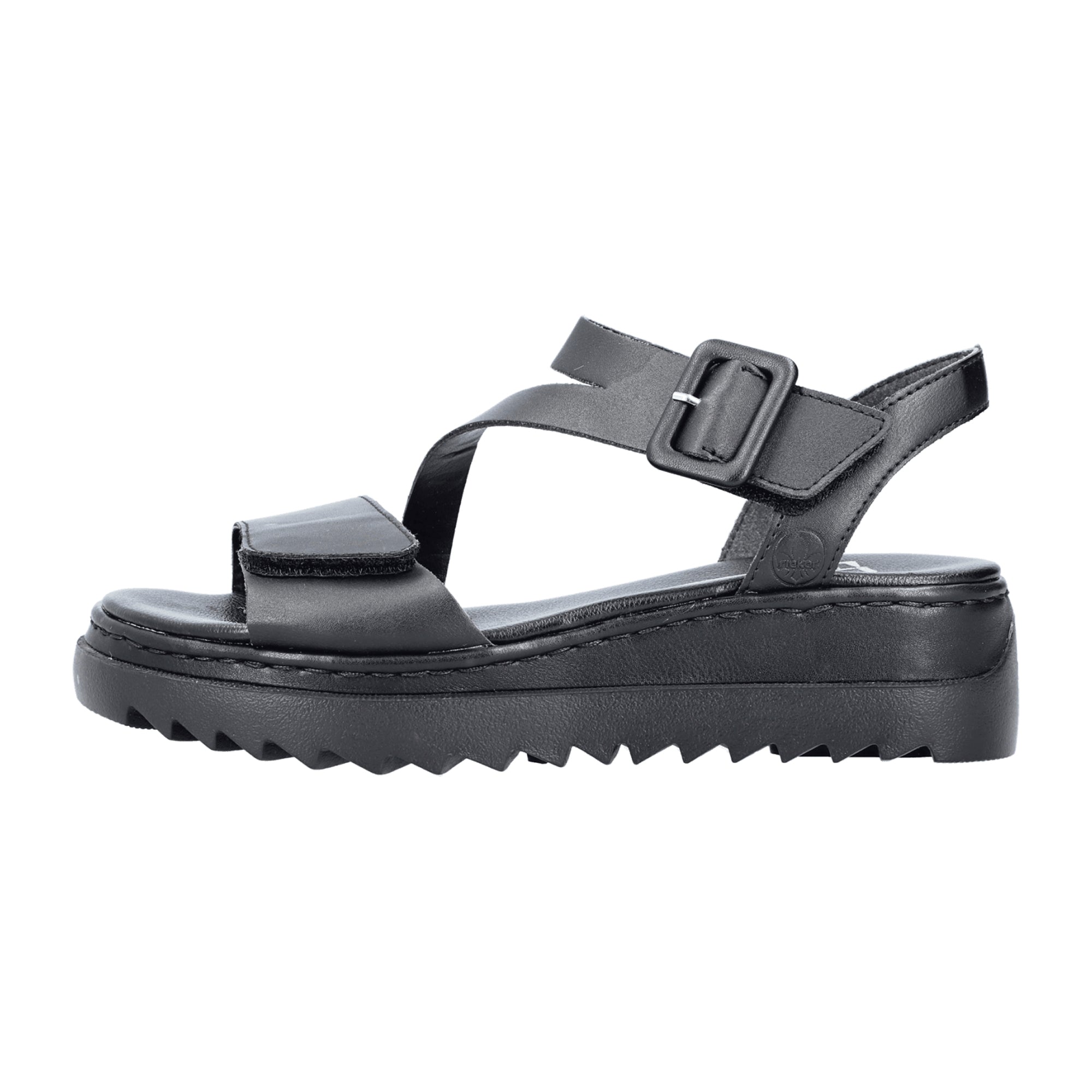 Rieker Women's Black Leather Sandals with Velcro Straps and Platform Sole