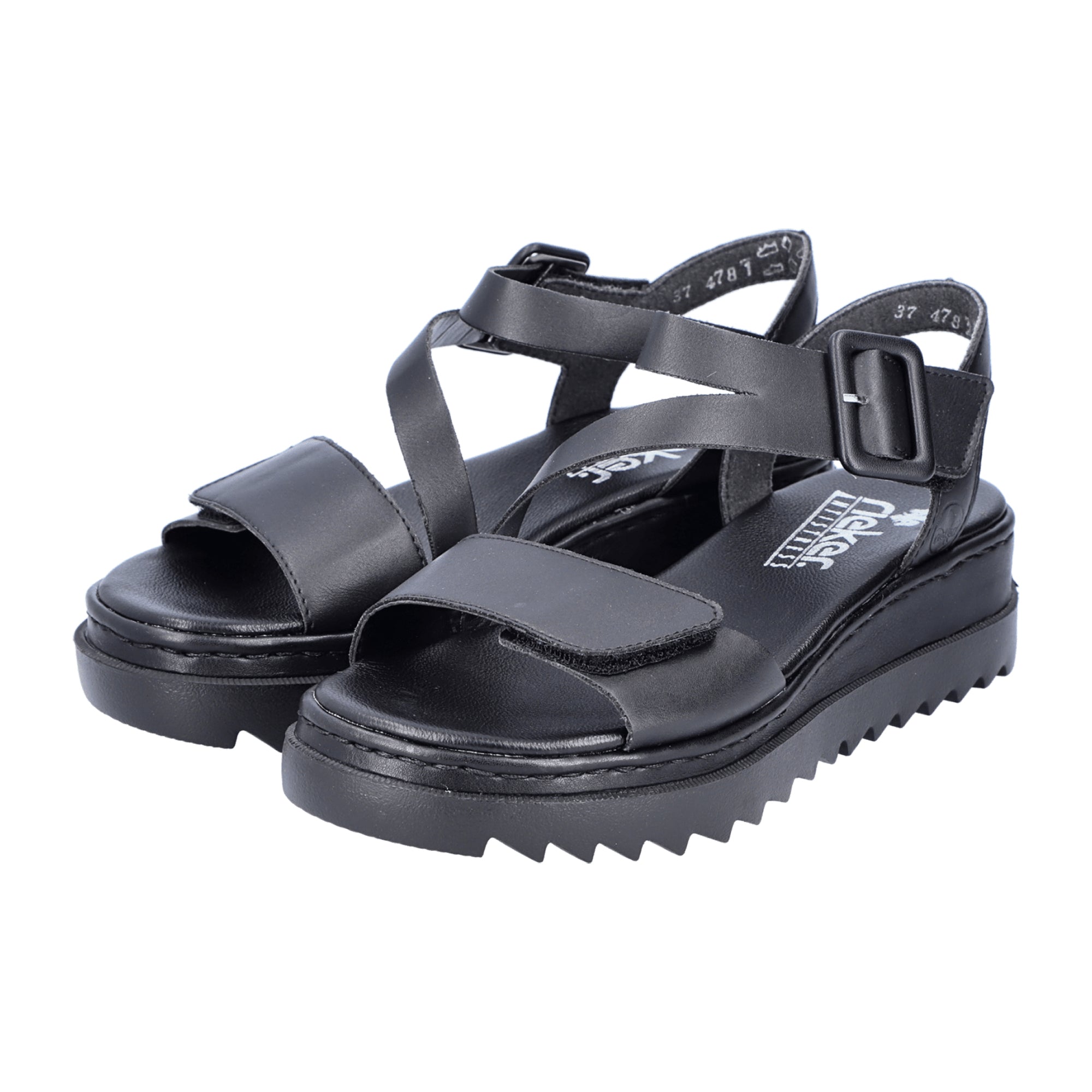 Rieker Women's Black Leather Sandals with Velcro Straps and Platform Sole