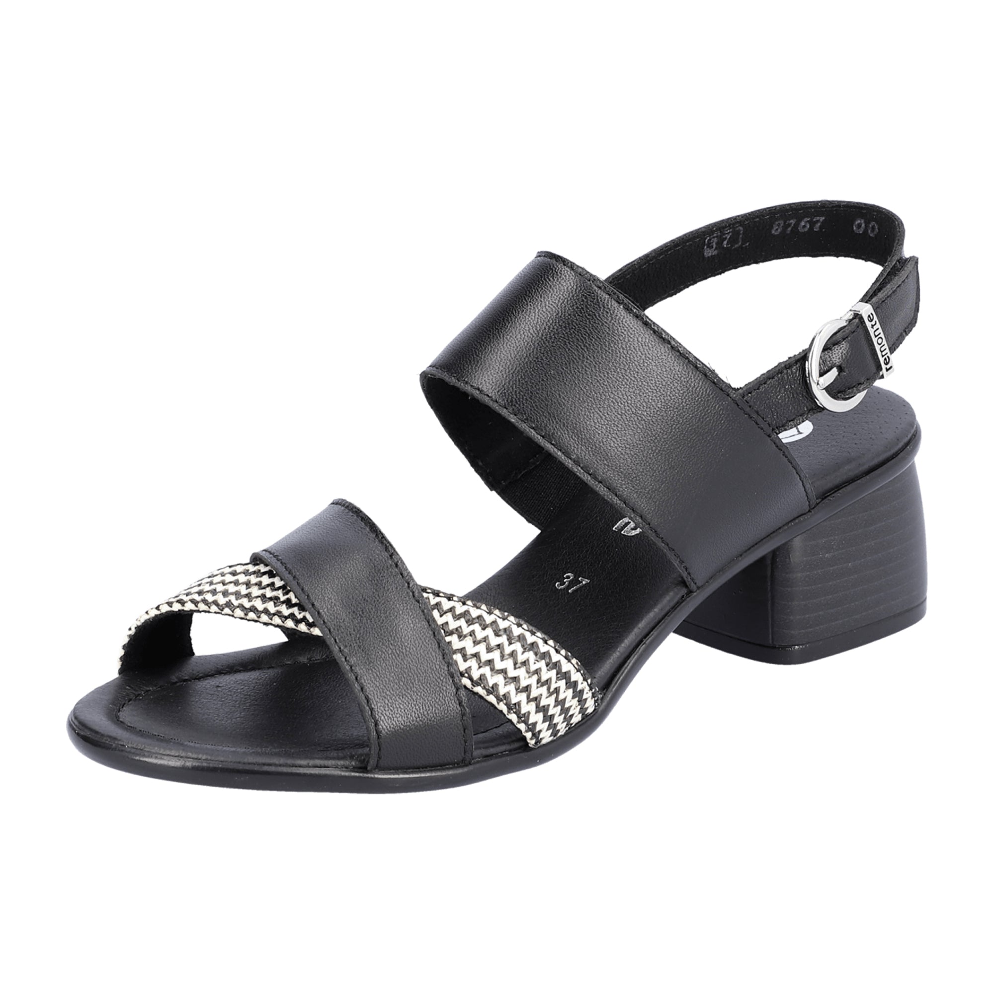 Remonte Women's Black Leather Sandals with Adjustable Straps and Block Heel