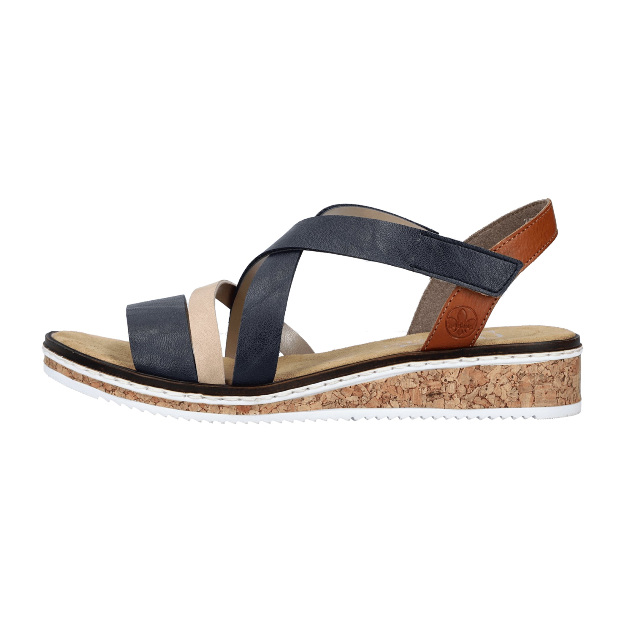 Rieker Women's Blue Wedge Sandals with Cross Straps and Velcro Closure