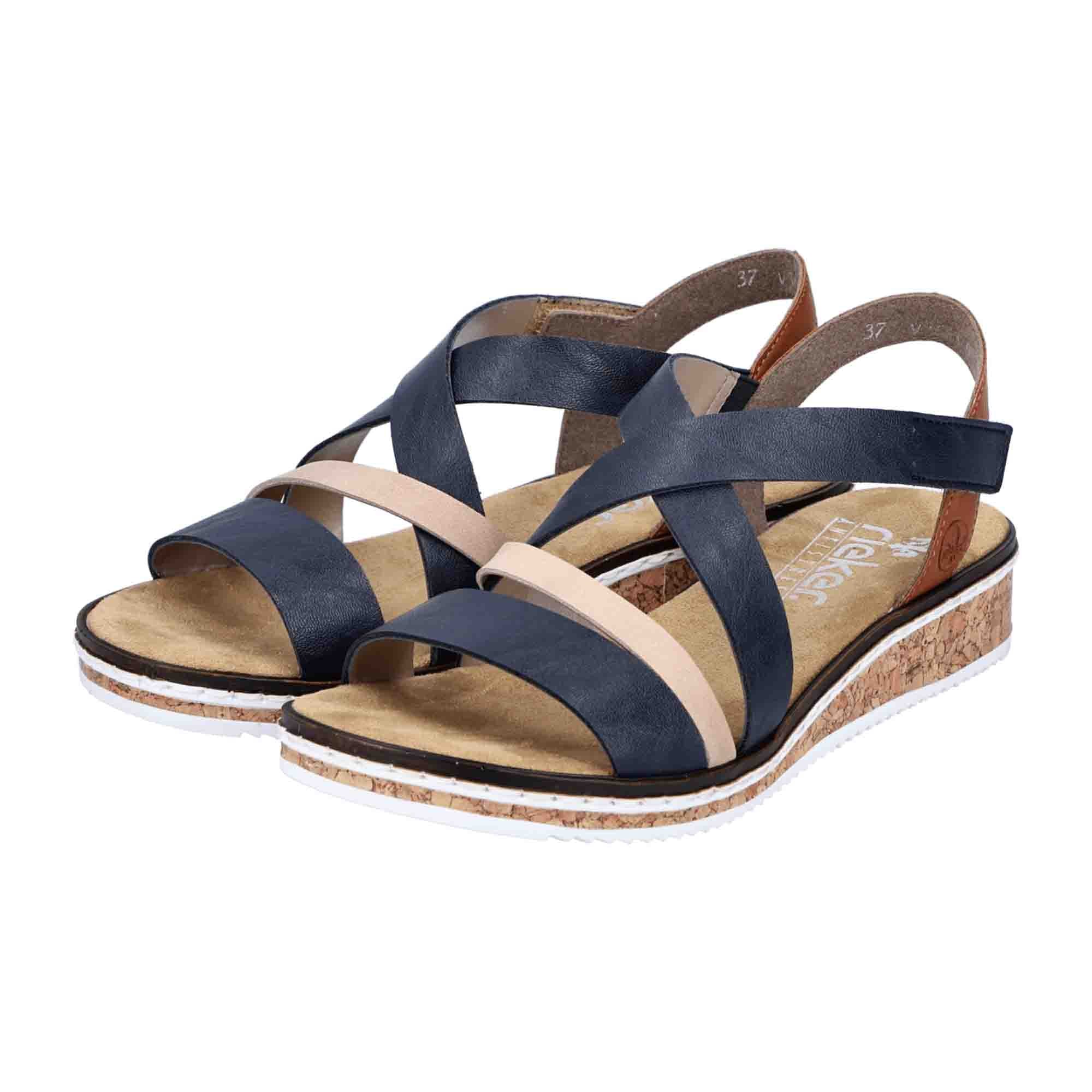 Rieker Women's Blue Wedge Sandals with Cross Straps and Velcro Closure