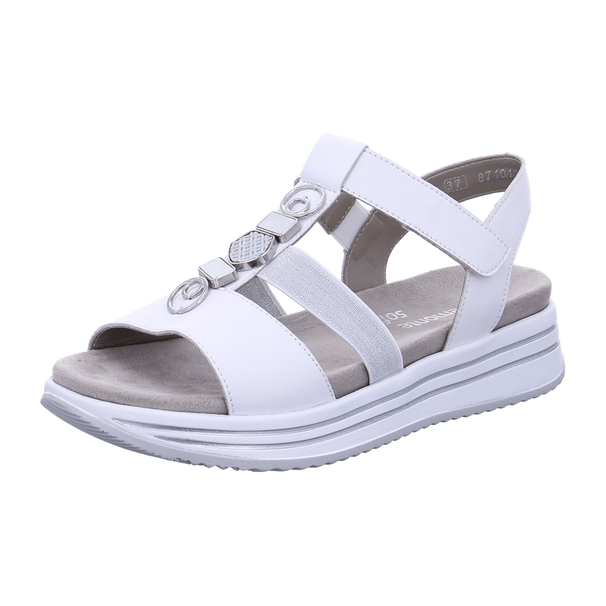 Remonte Women's White Leather Strap Sandals with Soft Footbed and Velcro Closure