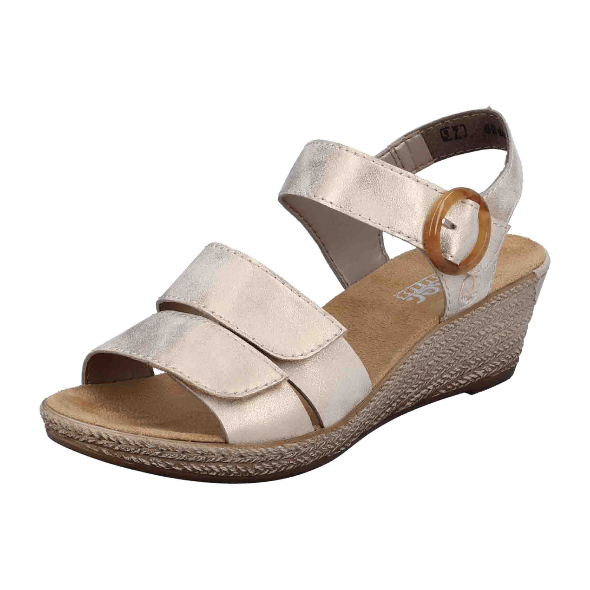 Rieker Beige Women's Wedge Sandals with Wide Straps and Velcro Closure