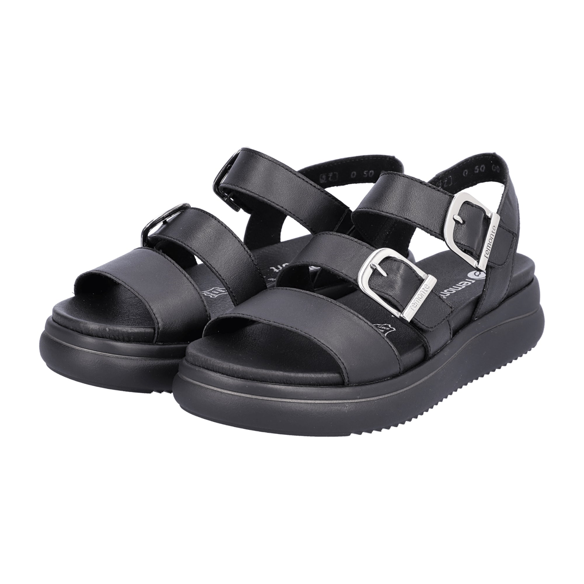 Remonte Black Leather Sandals for Women with Velcro Straps and Cushioned Sole