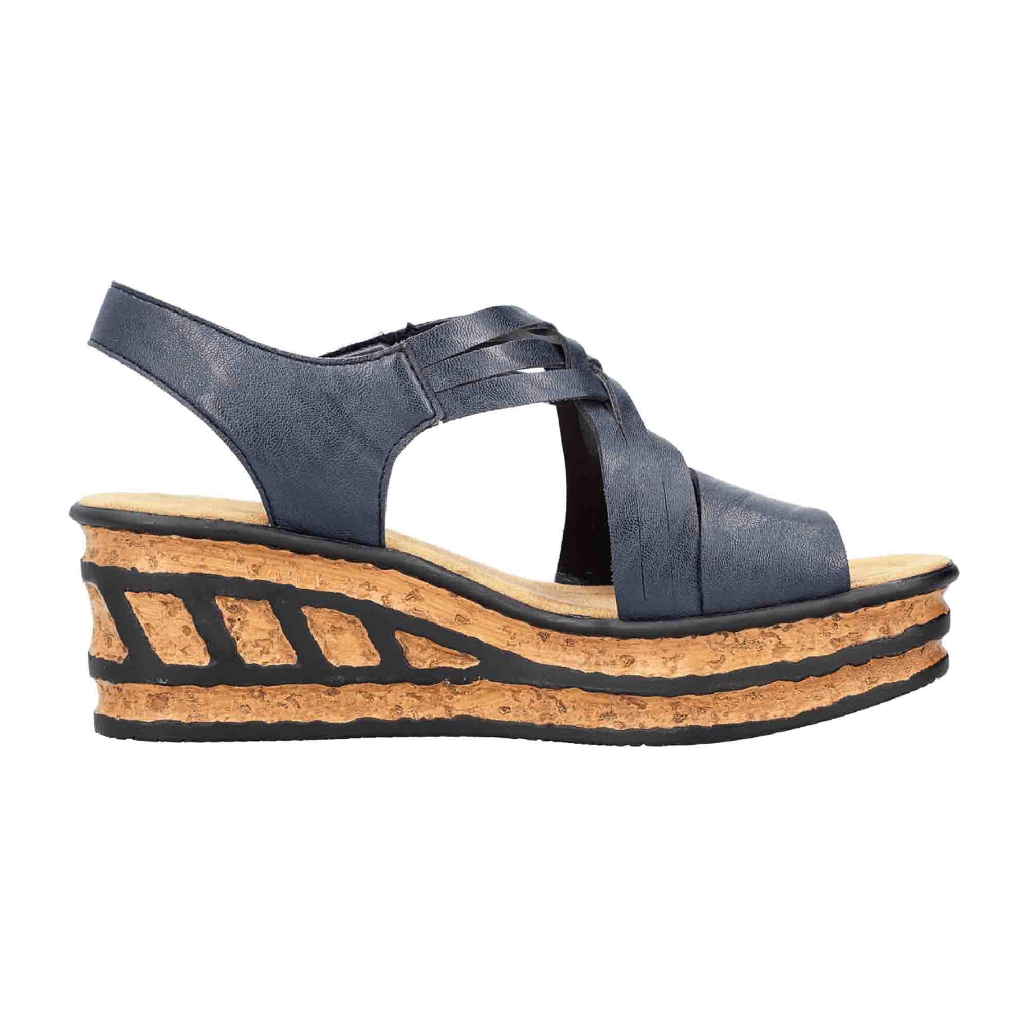 Rieker FSK Women's Blue Sandals with Wedge Heel and Velcro Strap