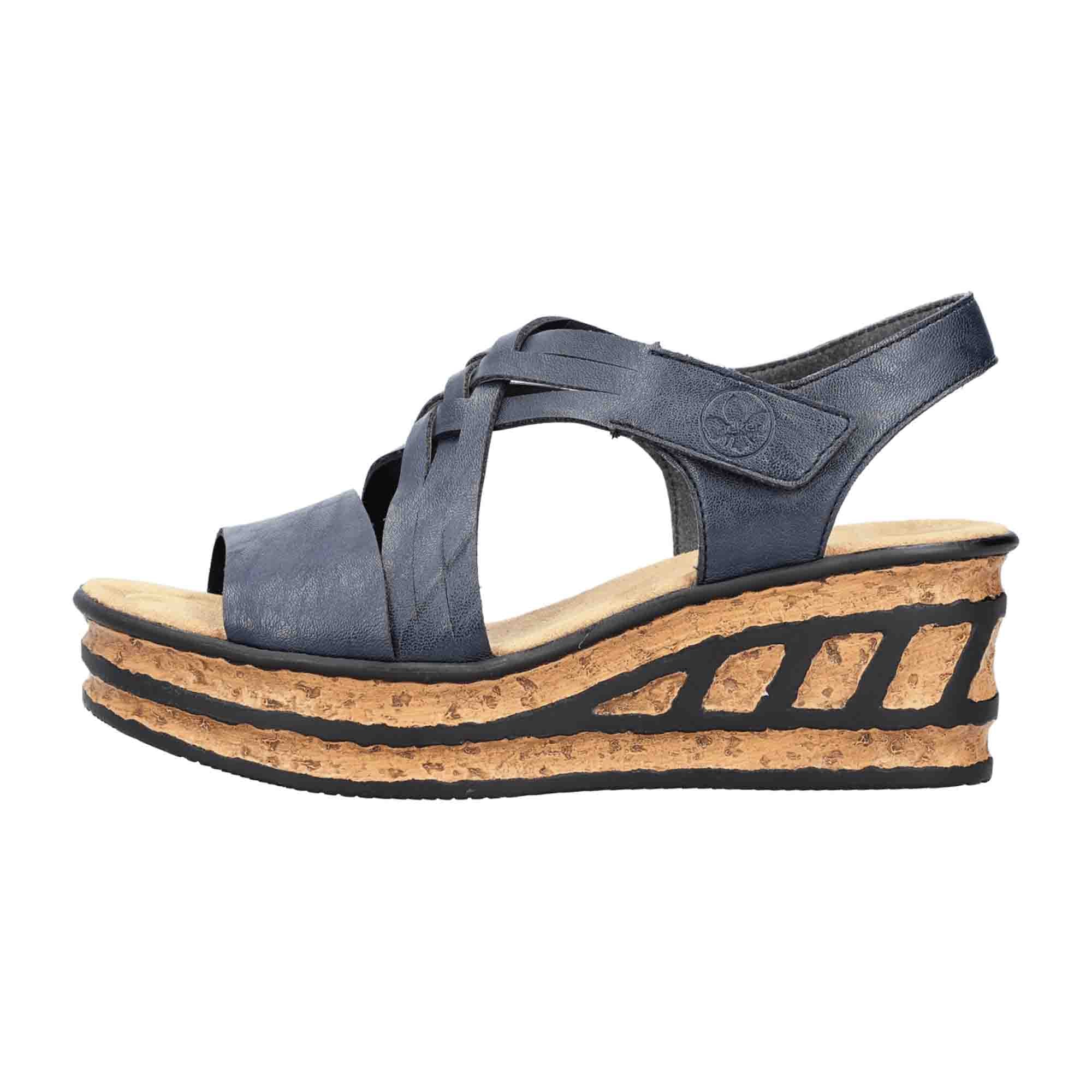 Rieker FSK Women's Blue Sandals with Wedge Heel and Velcro Strap