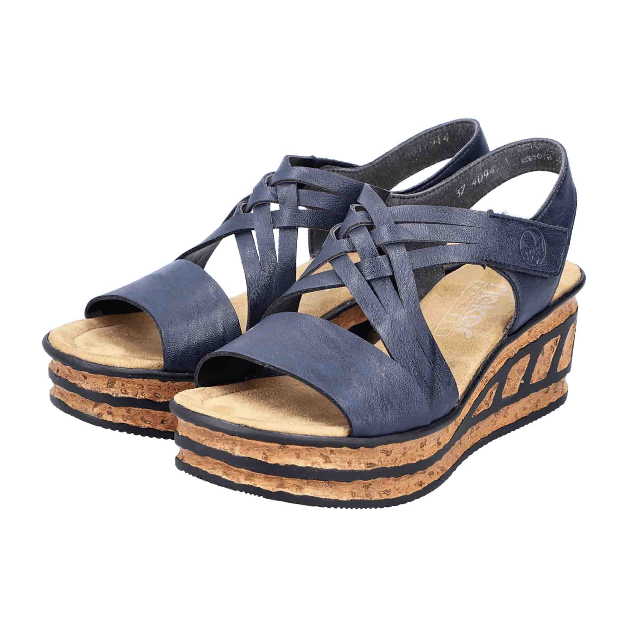 Rieker FSK Women's Blue Sandals with Wedge Heel and Velcro Strap