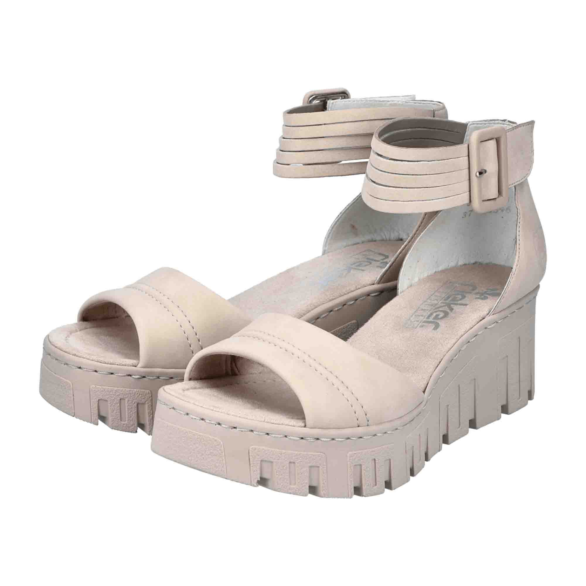 Rieker Beige Wedge Sandals for Women with Velcro Strap and Cushioned Sole