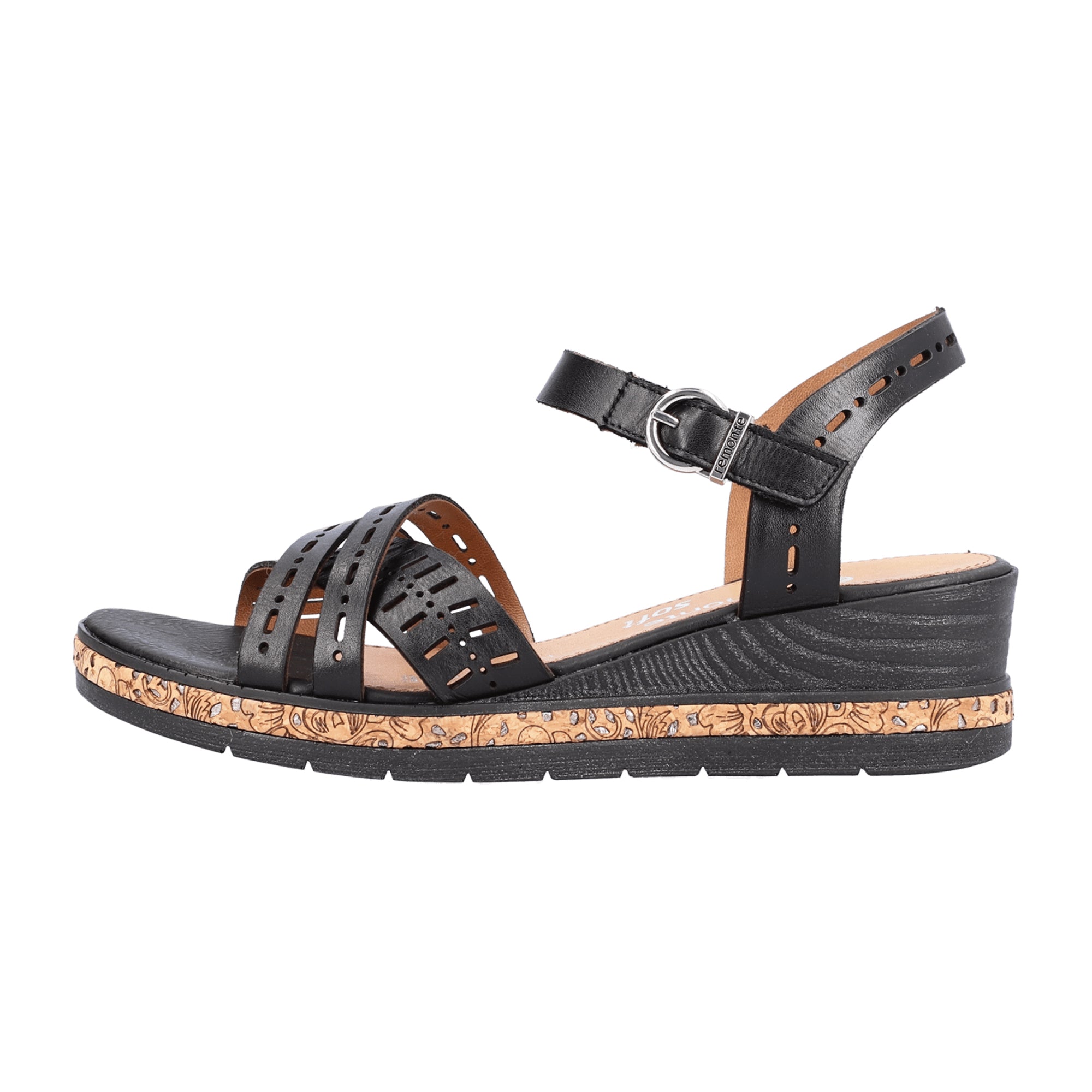 Remonte Black Leather Wedge Sandals for Women with Velcro Strap and Comfort Sole