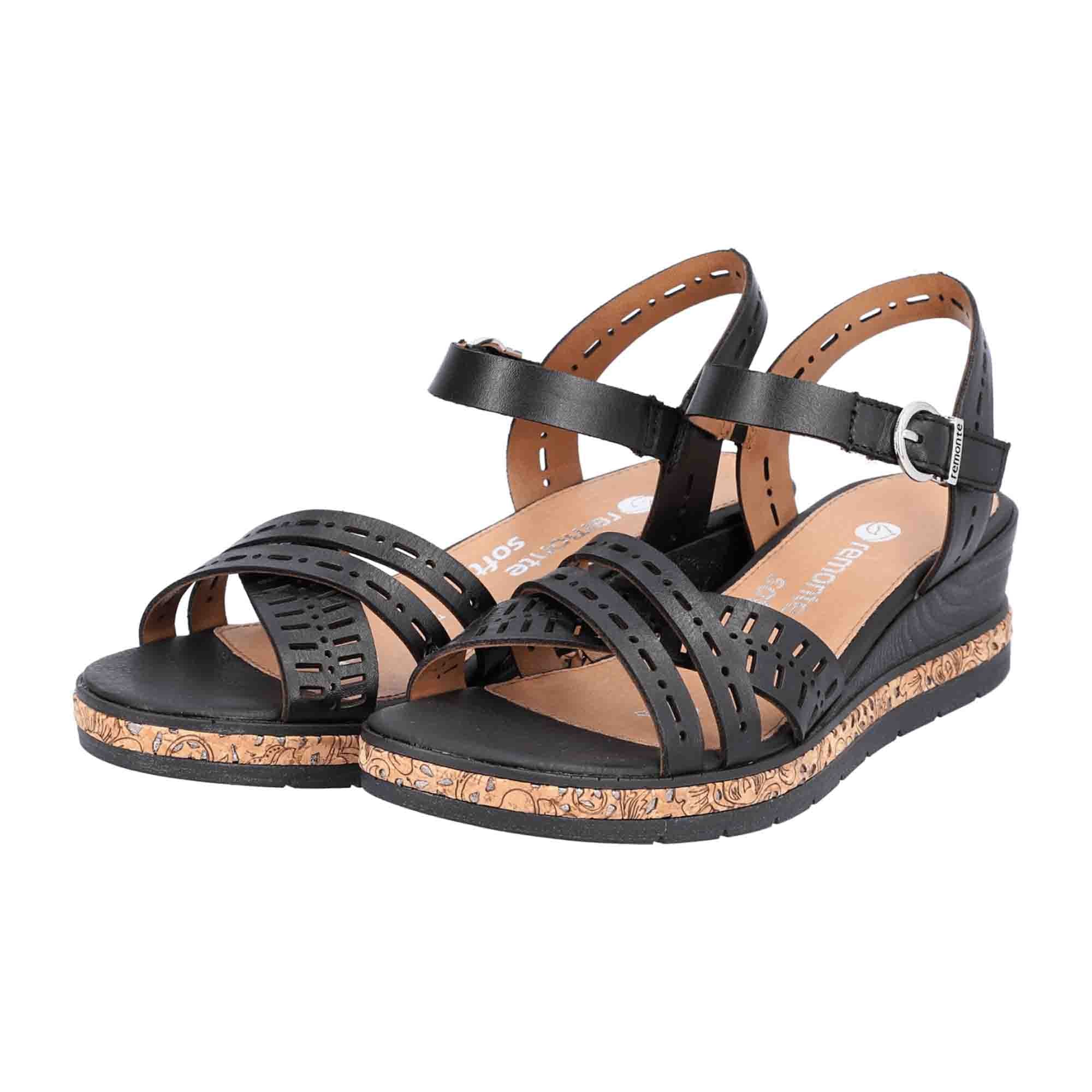 Remonte Black Leather Wedge Sandals for Women with Velcro Strap and Comfort Sole