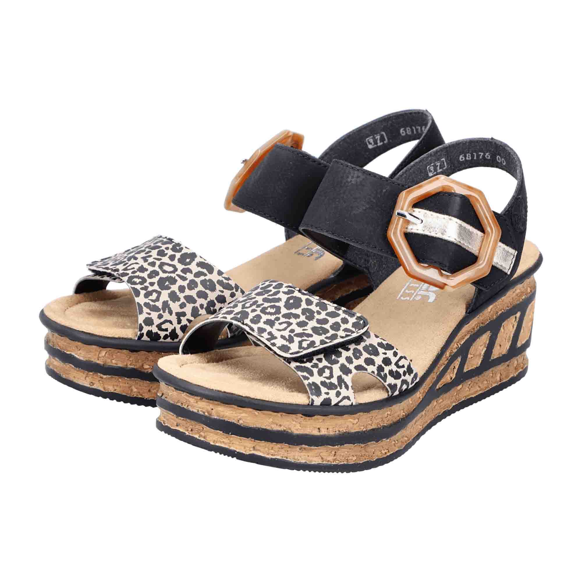 Rieker Women's Black Comfort Wedge Sandals with Velcro Straps