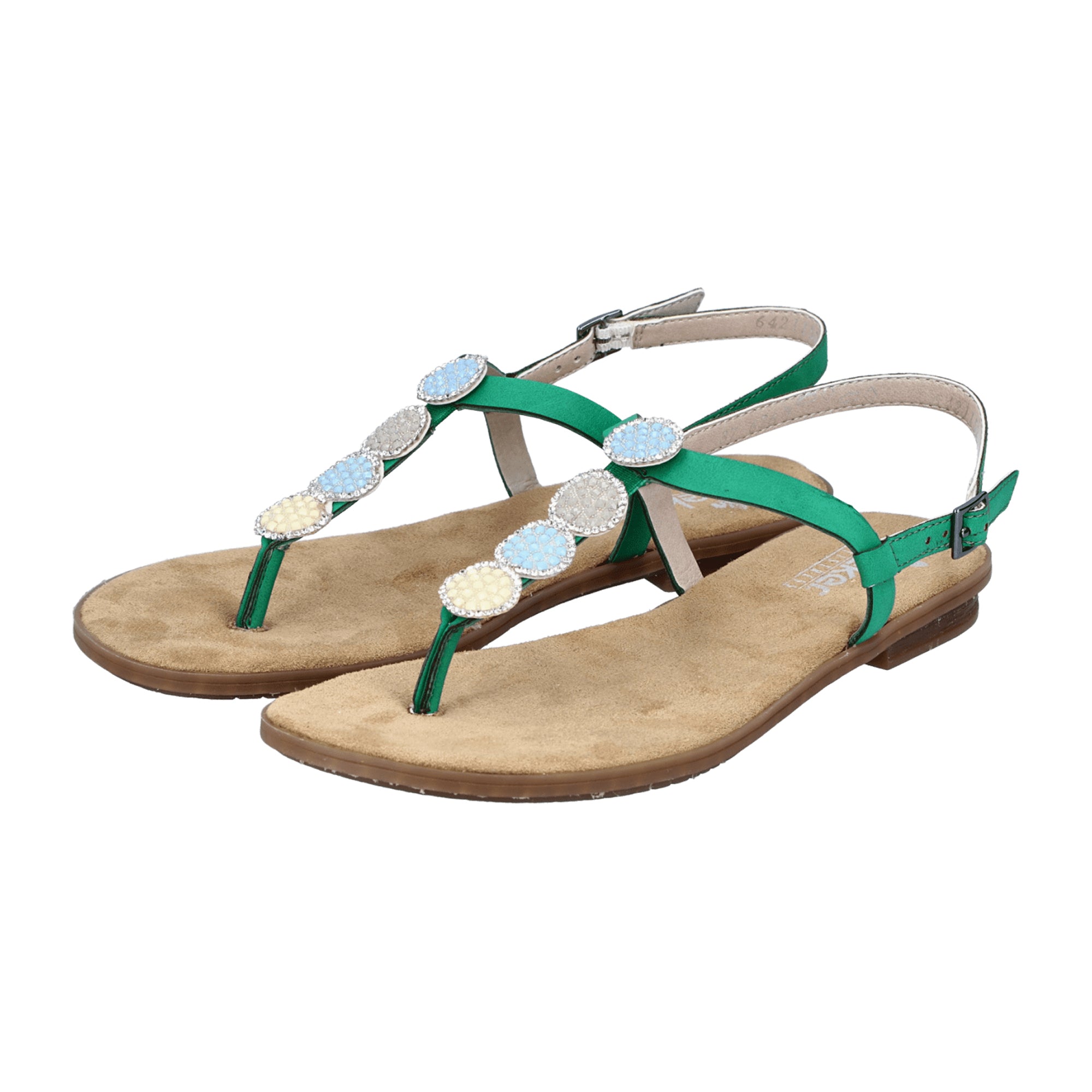 Rieker Women's Green Thong Sandals with Buckle and Decorative Elements