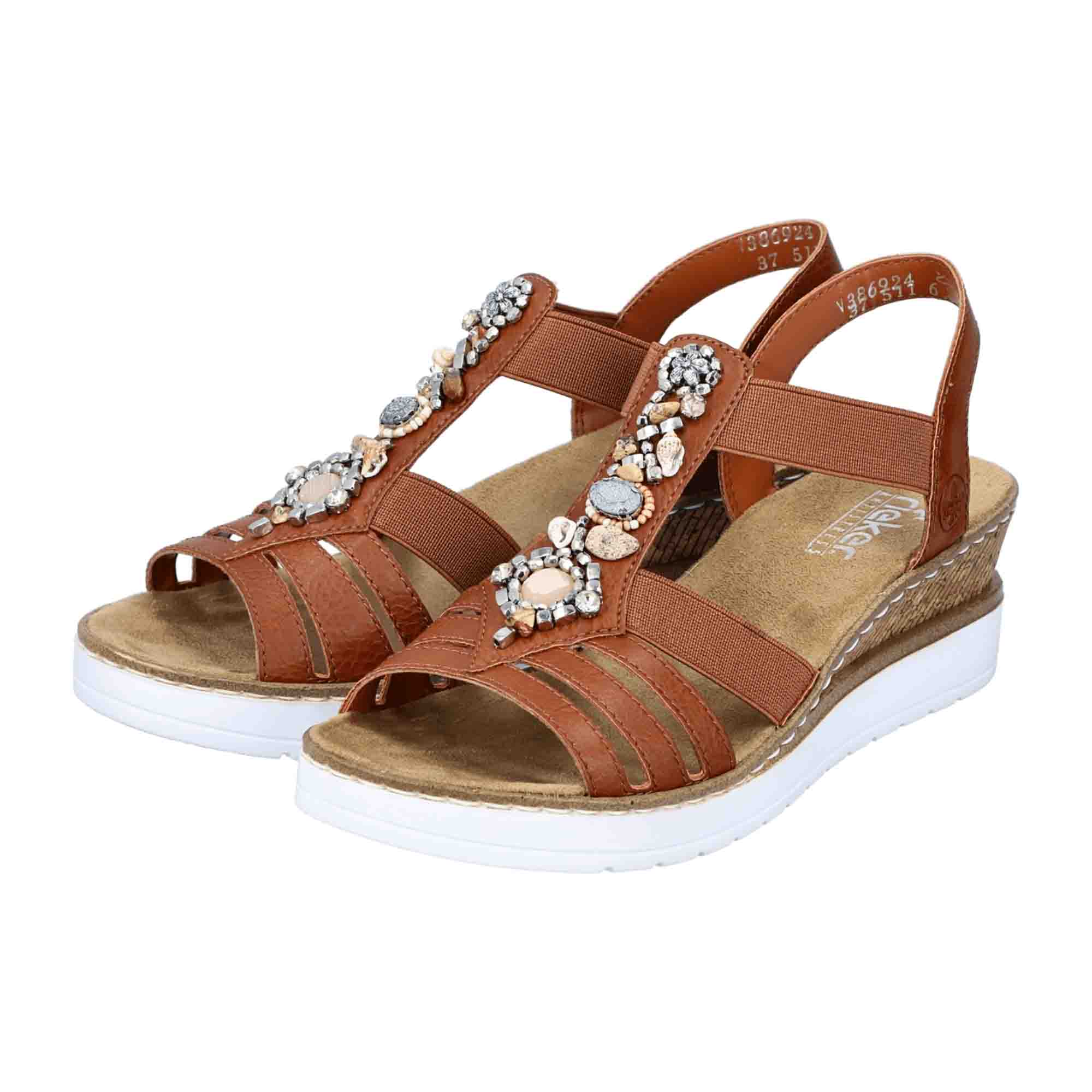 Rieker Brown Women's Sandals Comfy Elastic Strap Wedge Heel Shock Absorbing