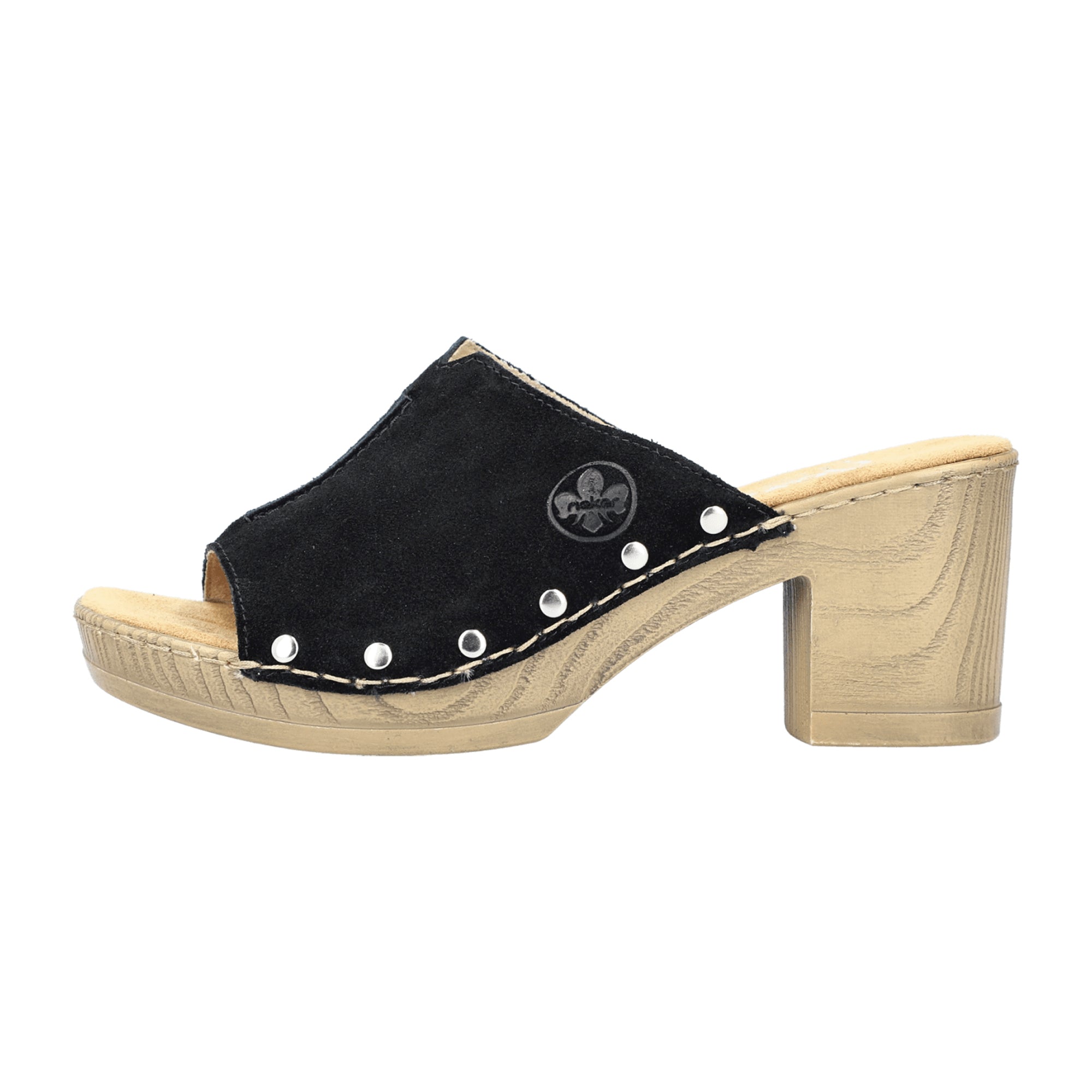 Rieker Women's Black Slip-On Suede Sandals with Block Heel and Soft Insole