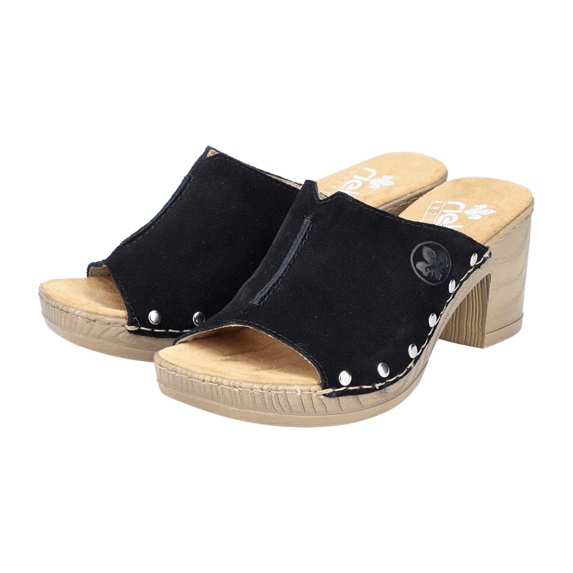 Rieker Women's Black Slip-On Suede Sandals with Block Heel and Soft Insole