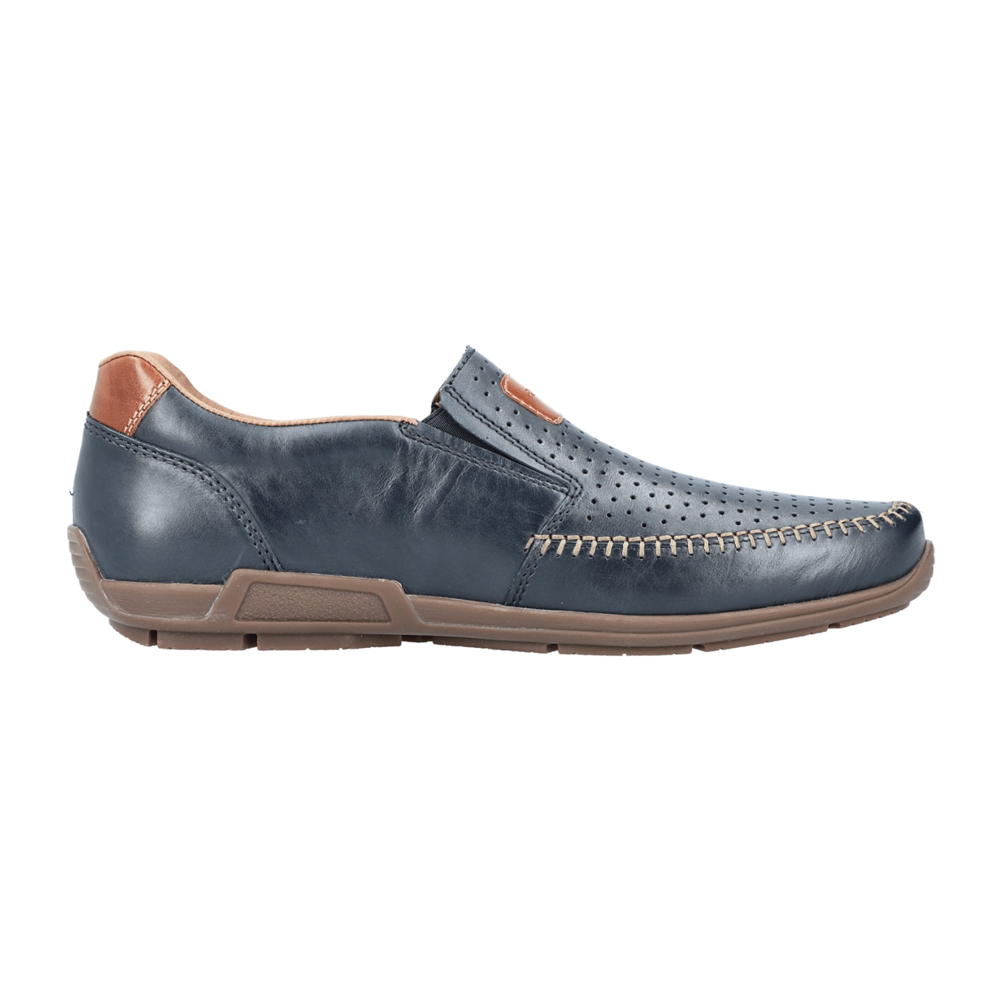 Rieker Men's Blue Leather Slip-On Shoes with Brown Sole