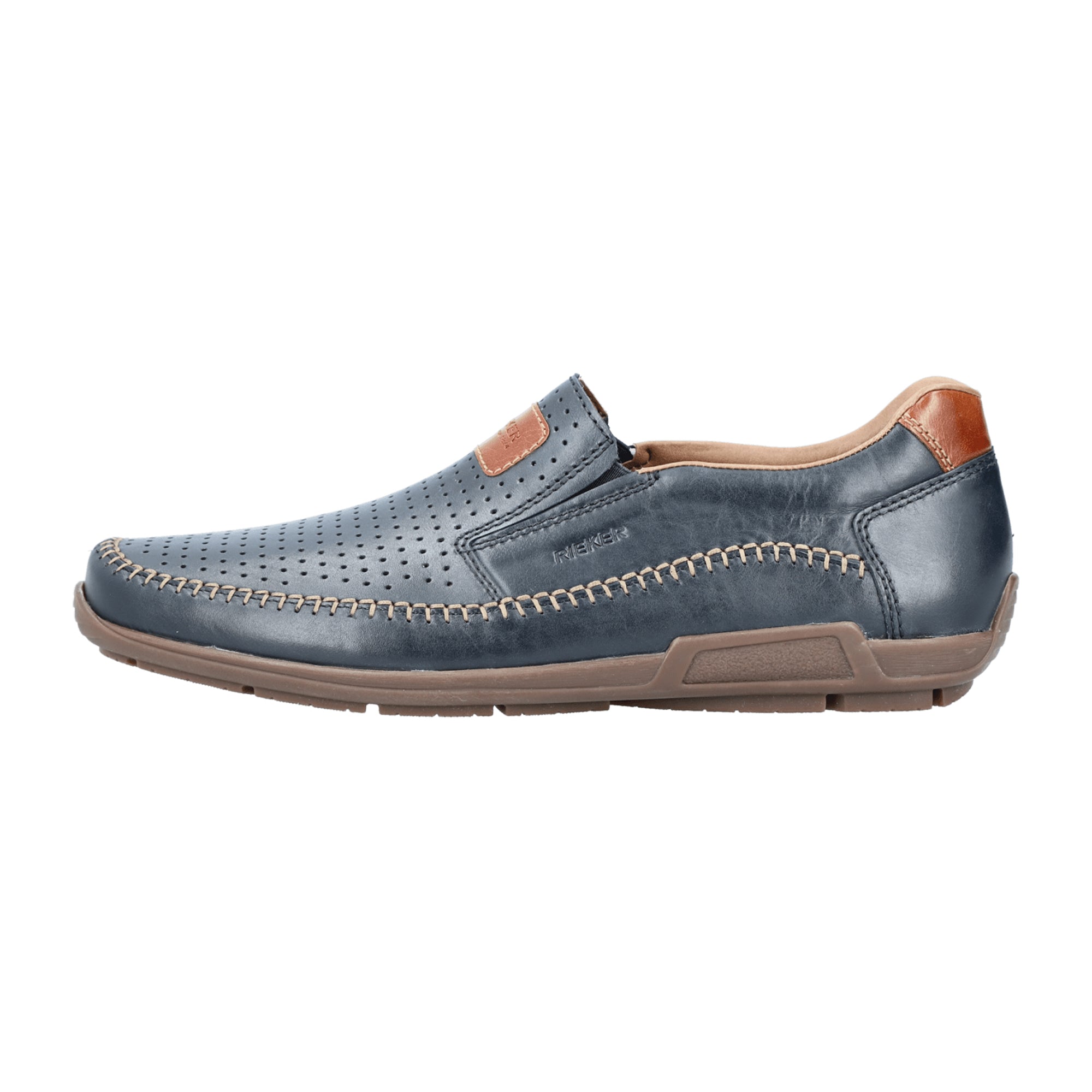 Rieker Men's Blue Leather Slip-On Shoes with Brown Sole