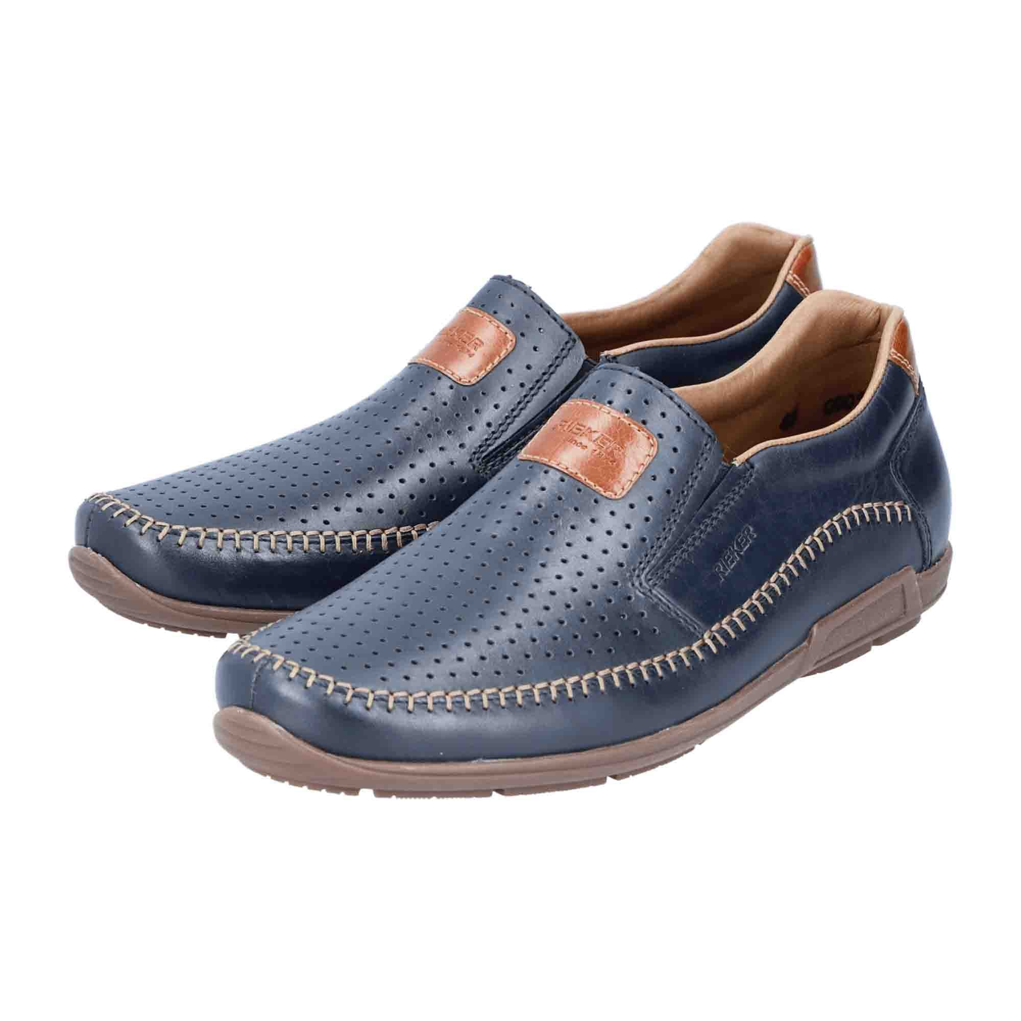 Rieker Men's Blue Leather Slip-On Shoes with Brown Sole