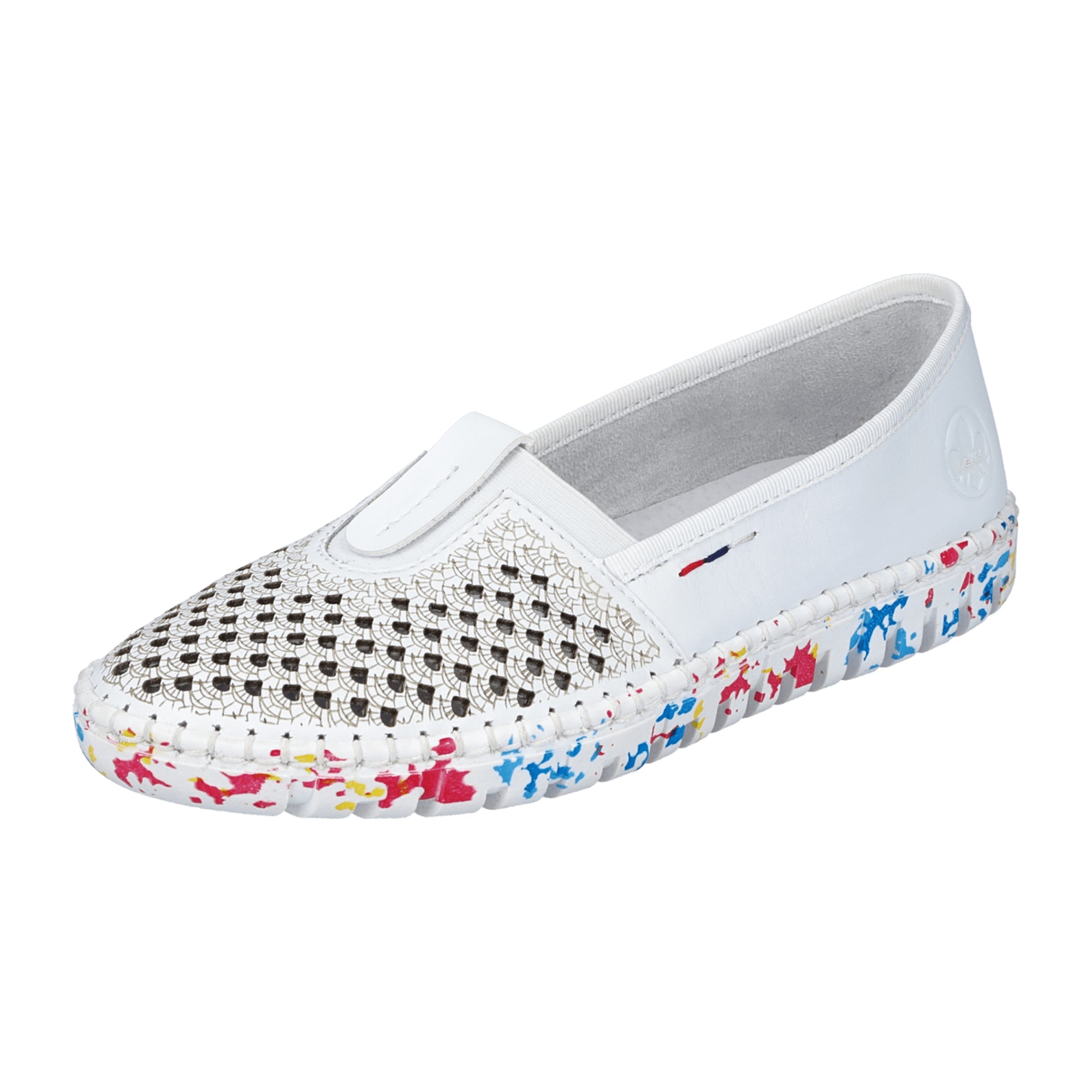Rieker Women's Slip-On White Leather Shoes M2361-80 Removable Insole Flat Heel