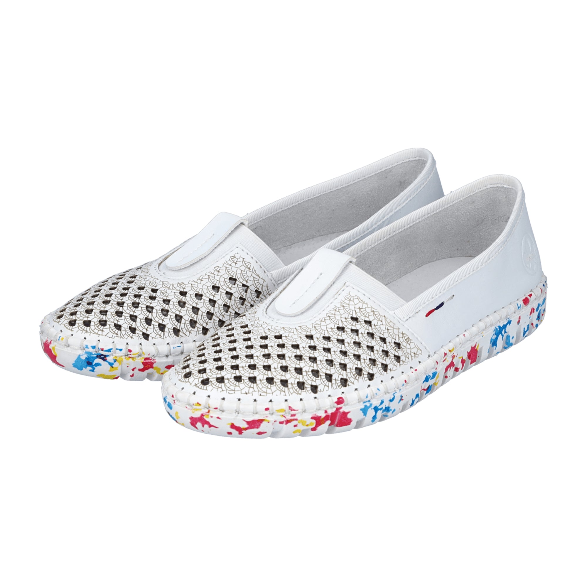 Rieker Women's Slip-On White Leather Shoes M2361-80 Removable Insole Flat Heel