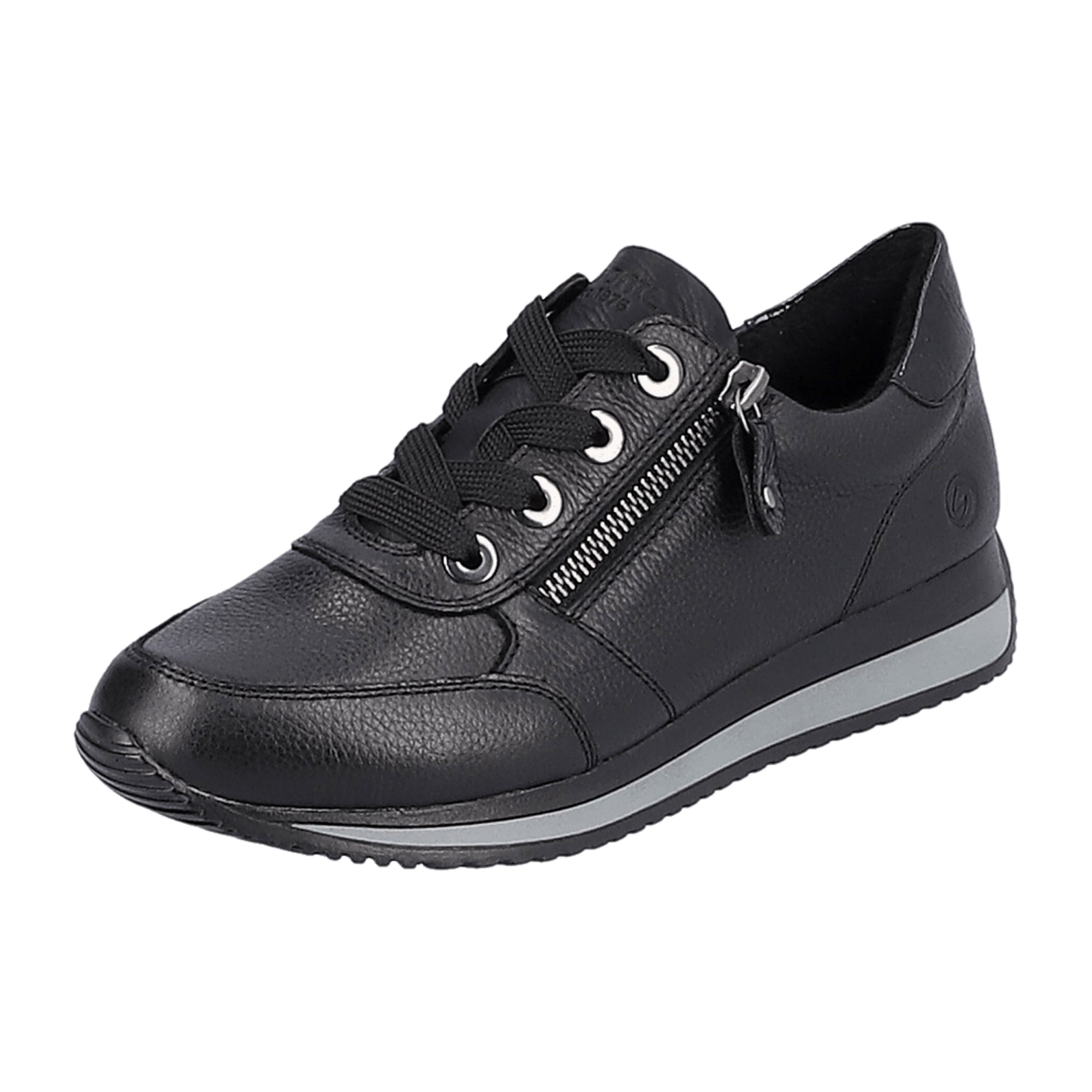 Remonte Black Leather Women's Shoes with Zip and Lace-Up Closure