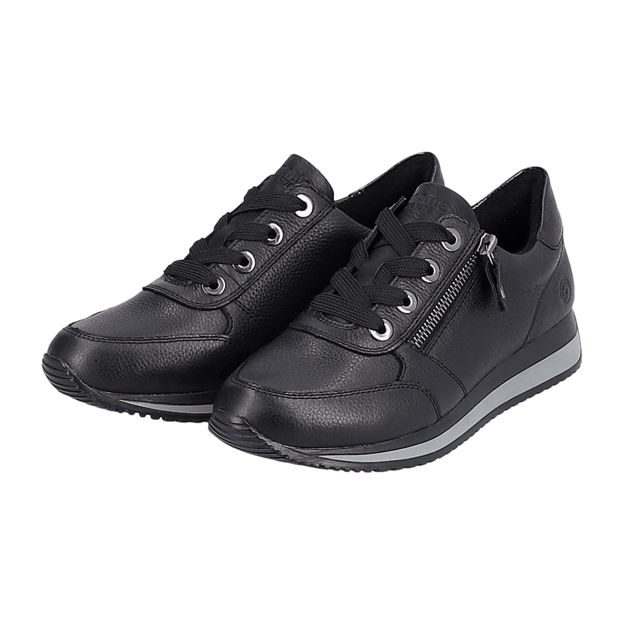 Remonte Black Leather Women's Shoes with Zip and Lace-Up Closure