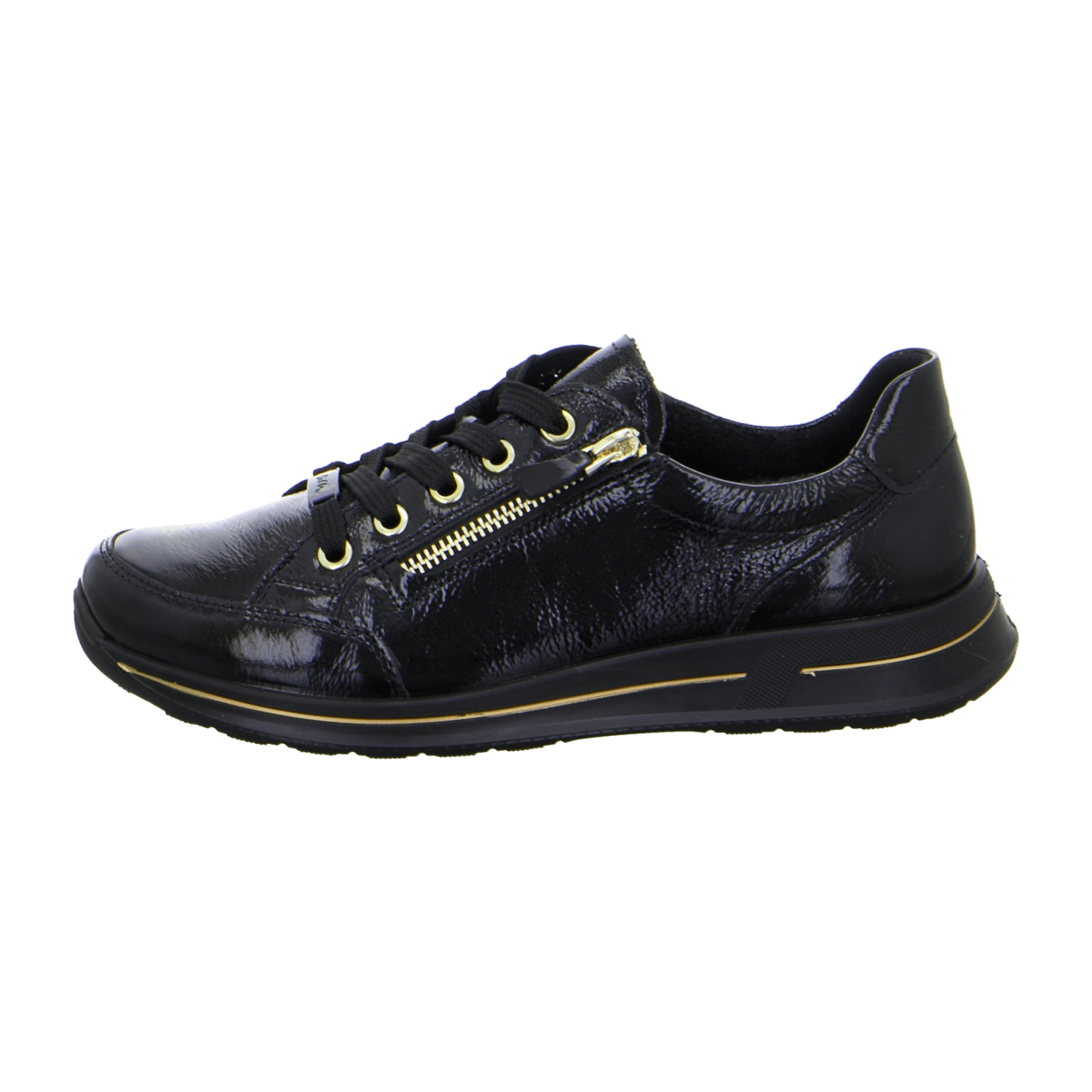 ARA Osaka Women's Lace-Up Sneakers in Black Patent Leather with Round Toe