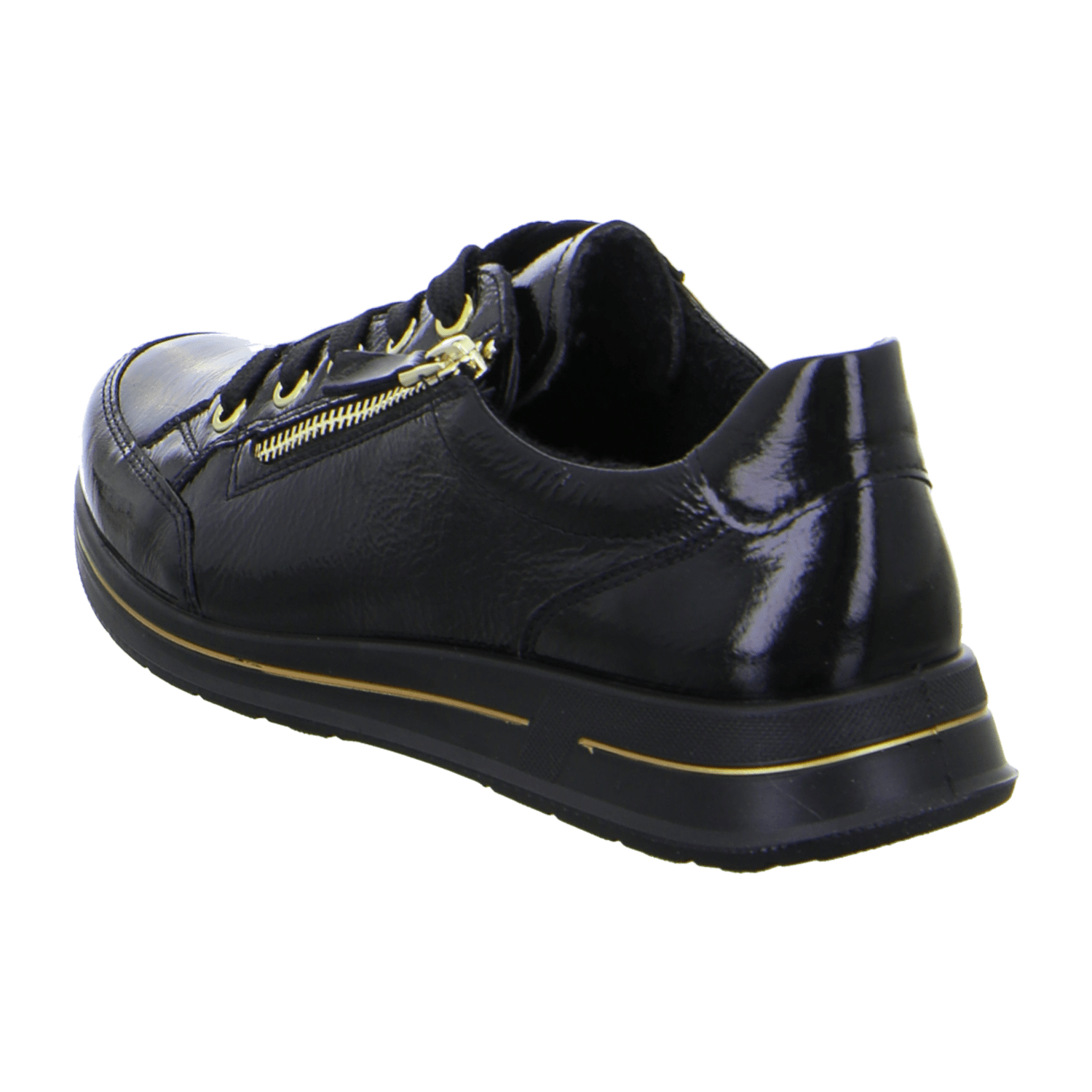 ARA Osaka Women's Lace-Up Sneakers in Black Patent Leather with Round Toe