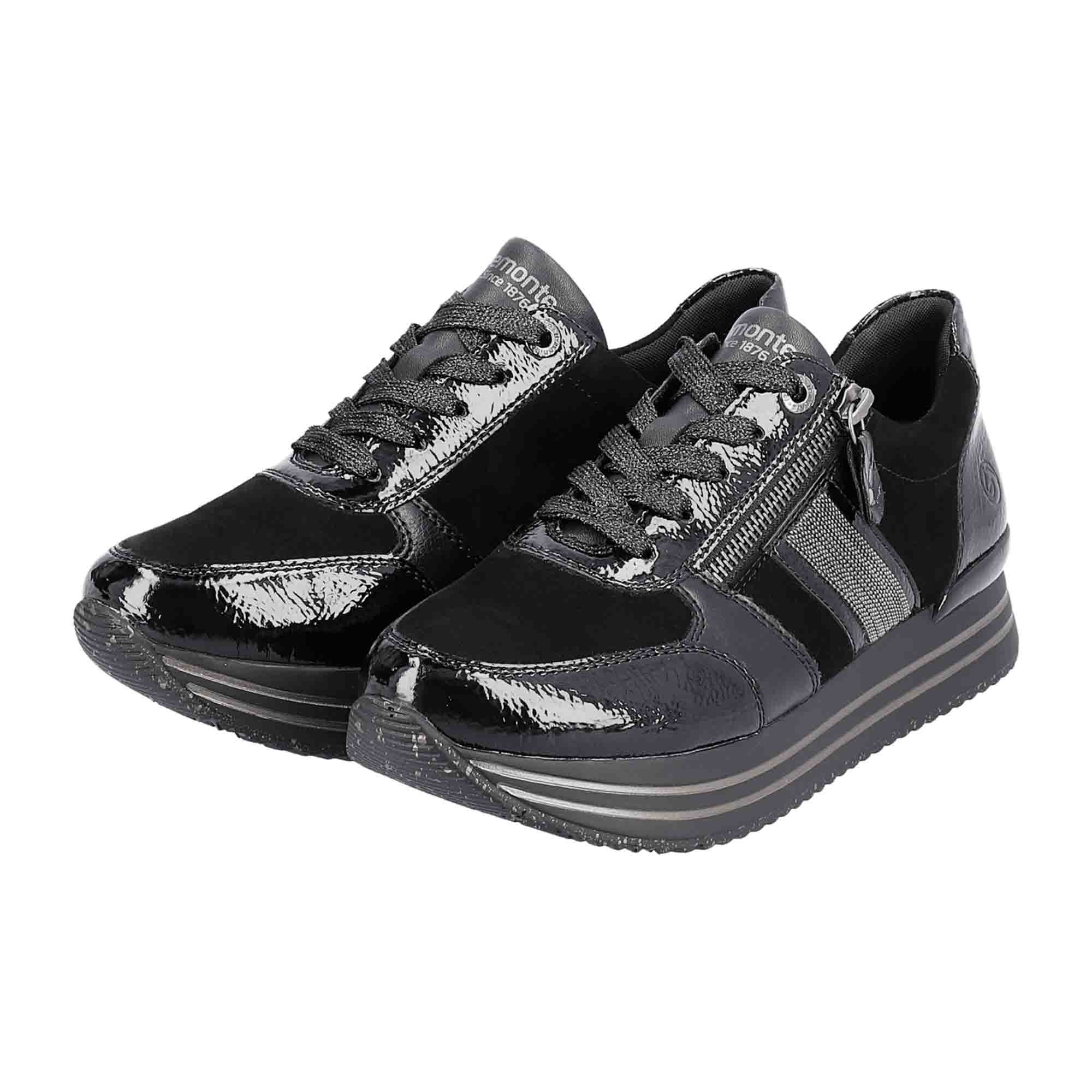 Remonte Women's Black Leather Shoes with Zip and Lace-up Closure