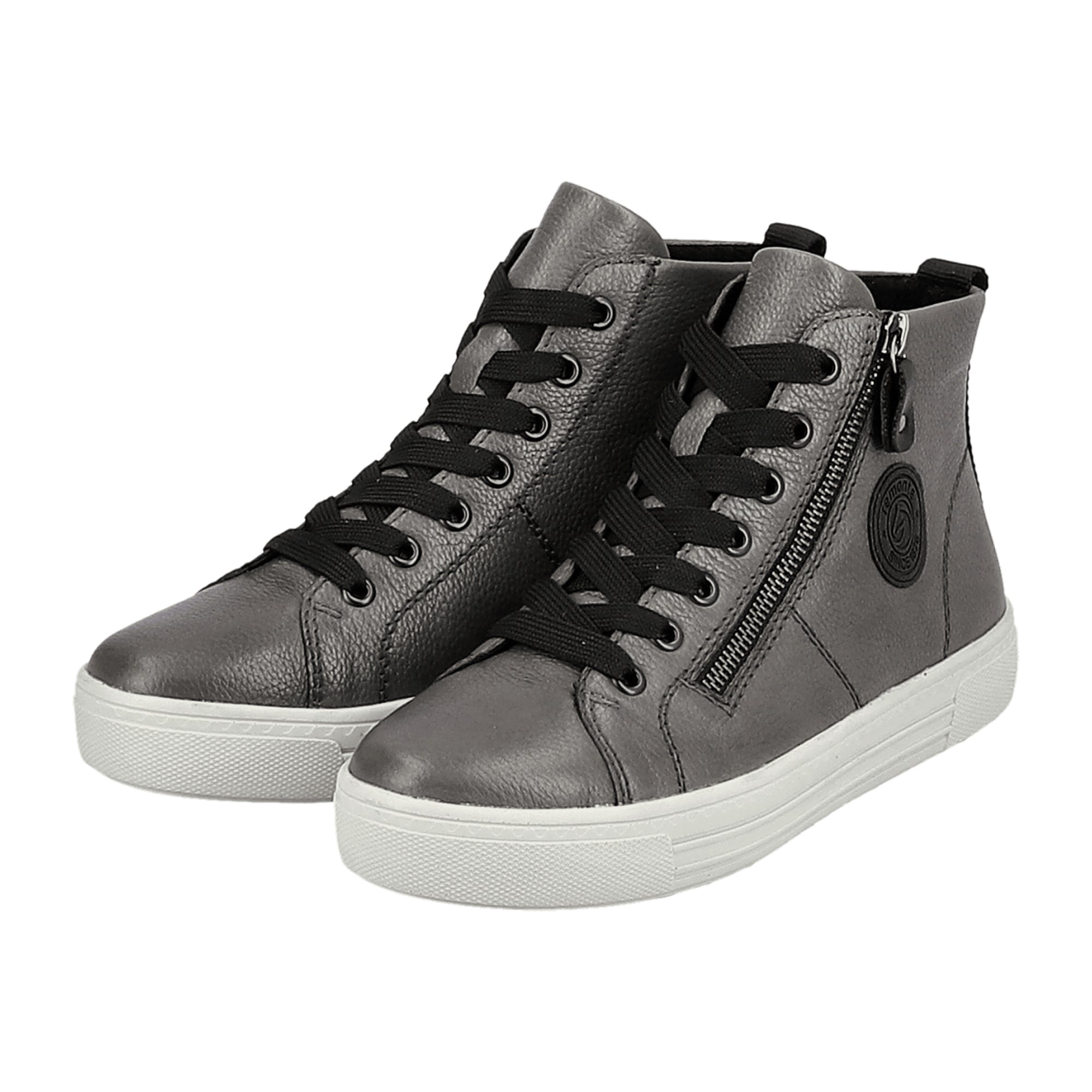 Remonte Women’s Gray Leather Ankle Boots with Wedge Heel and Lace-Up Closure