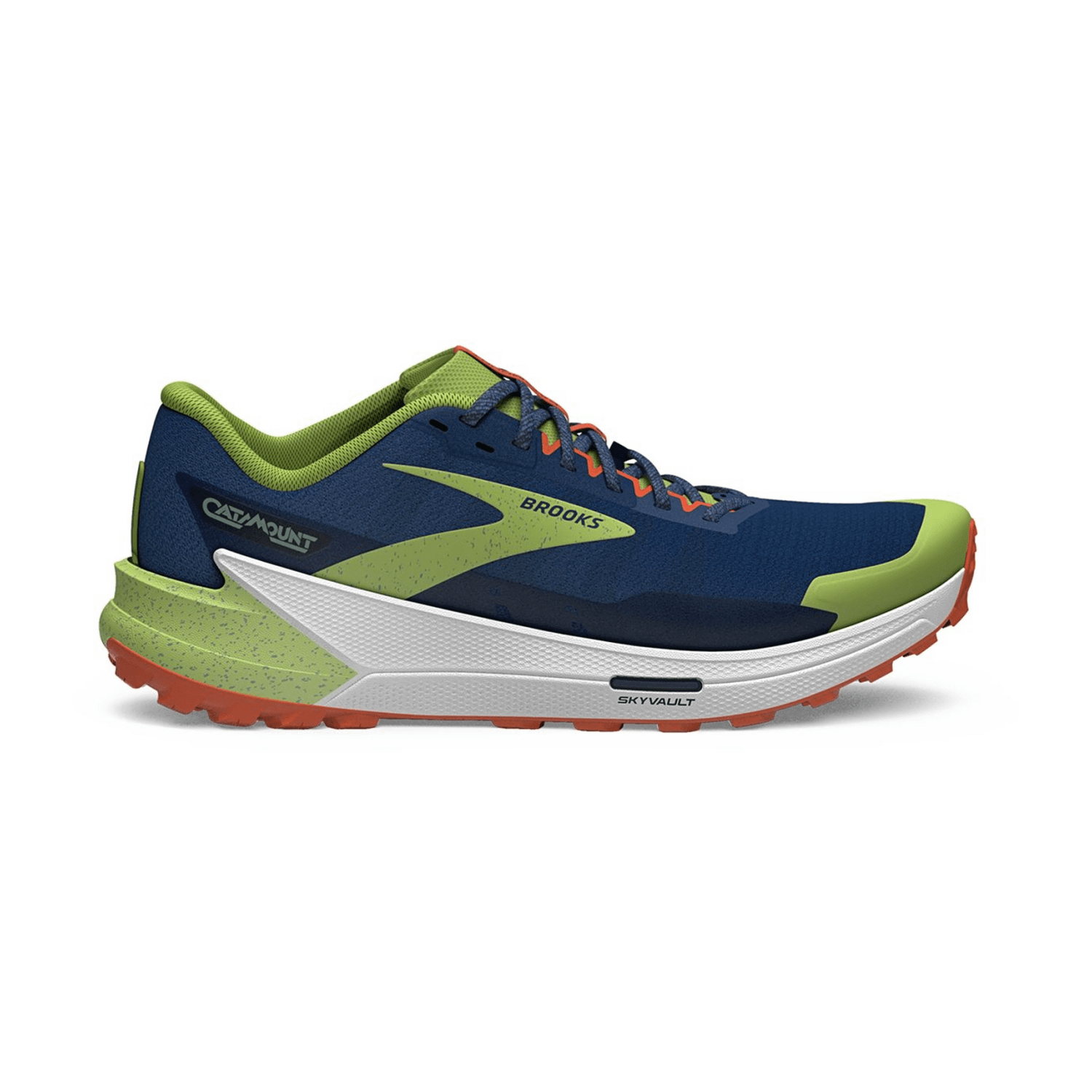 Brooks Men's Catamount 2 Trail Running Shoes in Navy/Firecracker/Sharp Green, 100% Polyester with Mesh Lining and Rubber Outsole