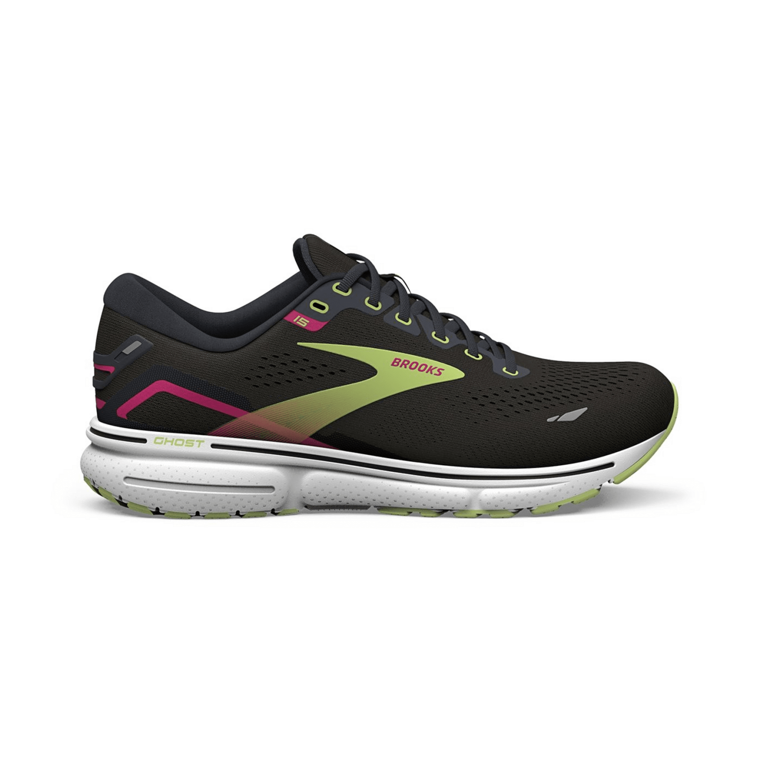 Brooks Women's Ghost 15 Sneaker in Black Ebony with Sharp Green Accents - Lace-Up Running Shoes with Mesh Lining and Rubber Sole