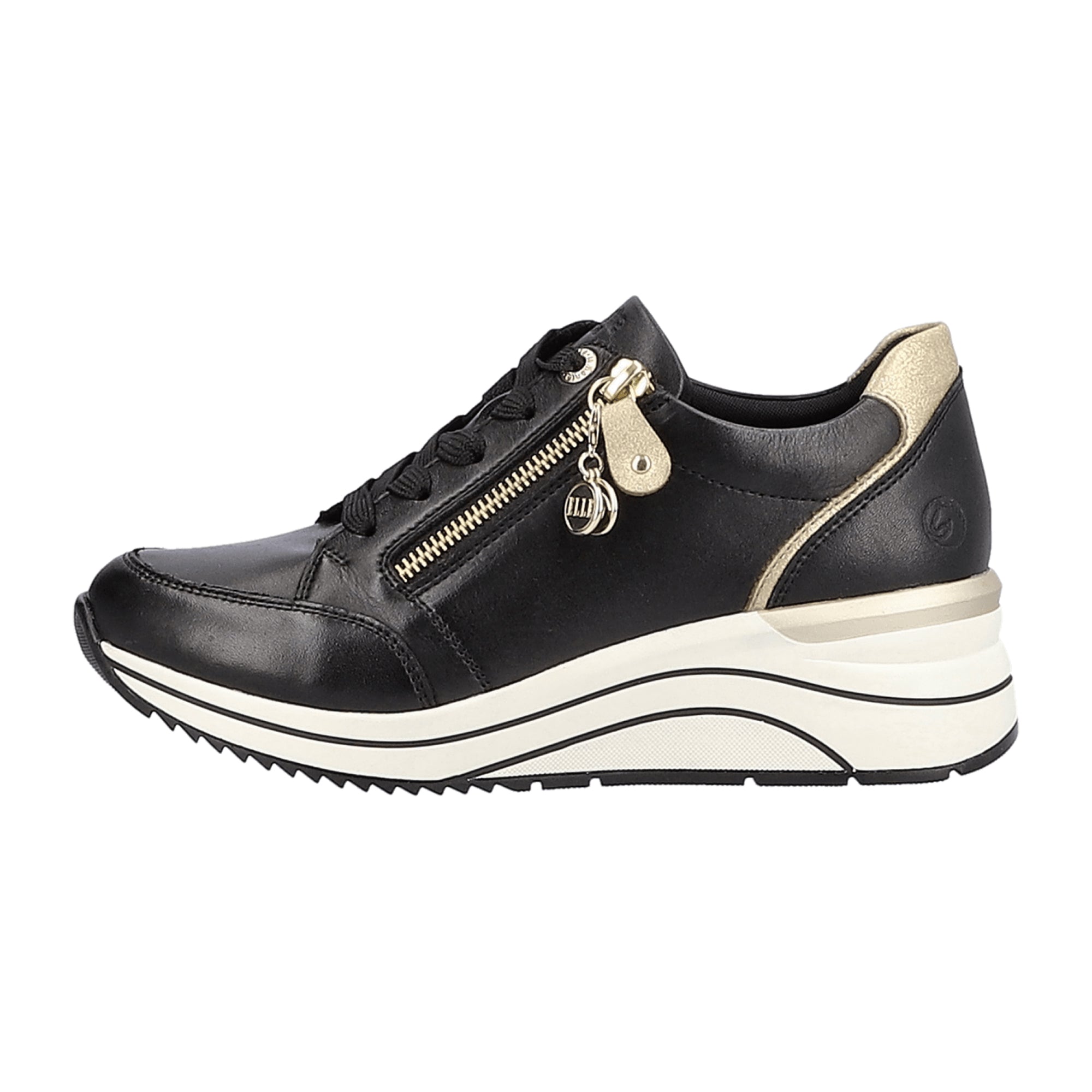 Remonte D0T0301 Black Women's Wedge Heel Leather Shoes with Zip and Lace-Up