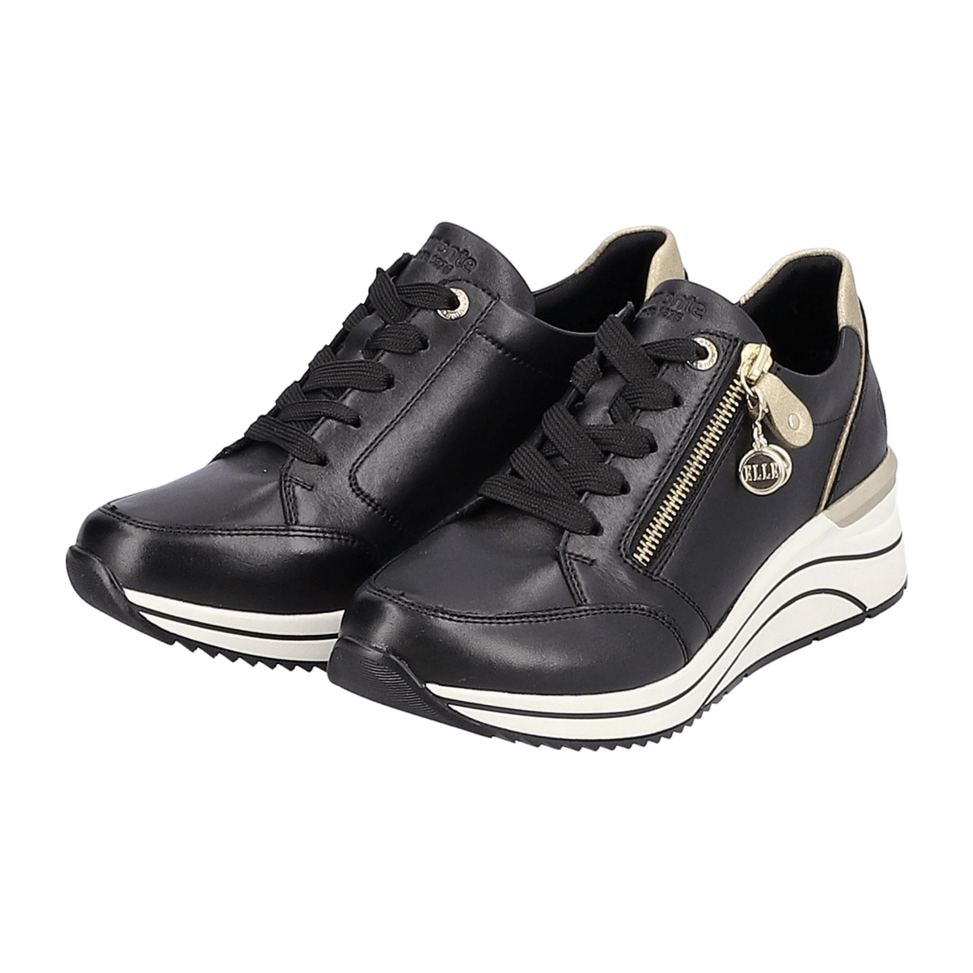 Remonte D0T0301 Black Women's Wedge Heel Leather Shoes with Zip and Lace-Up