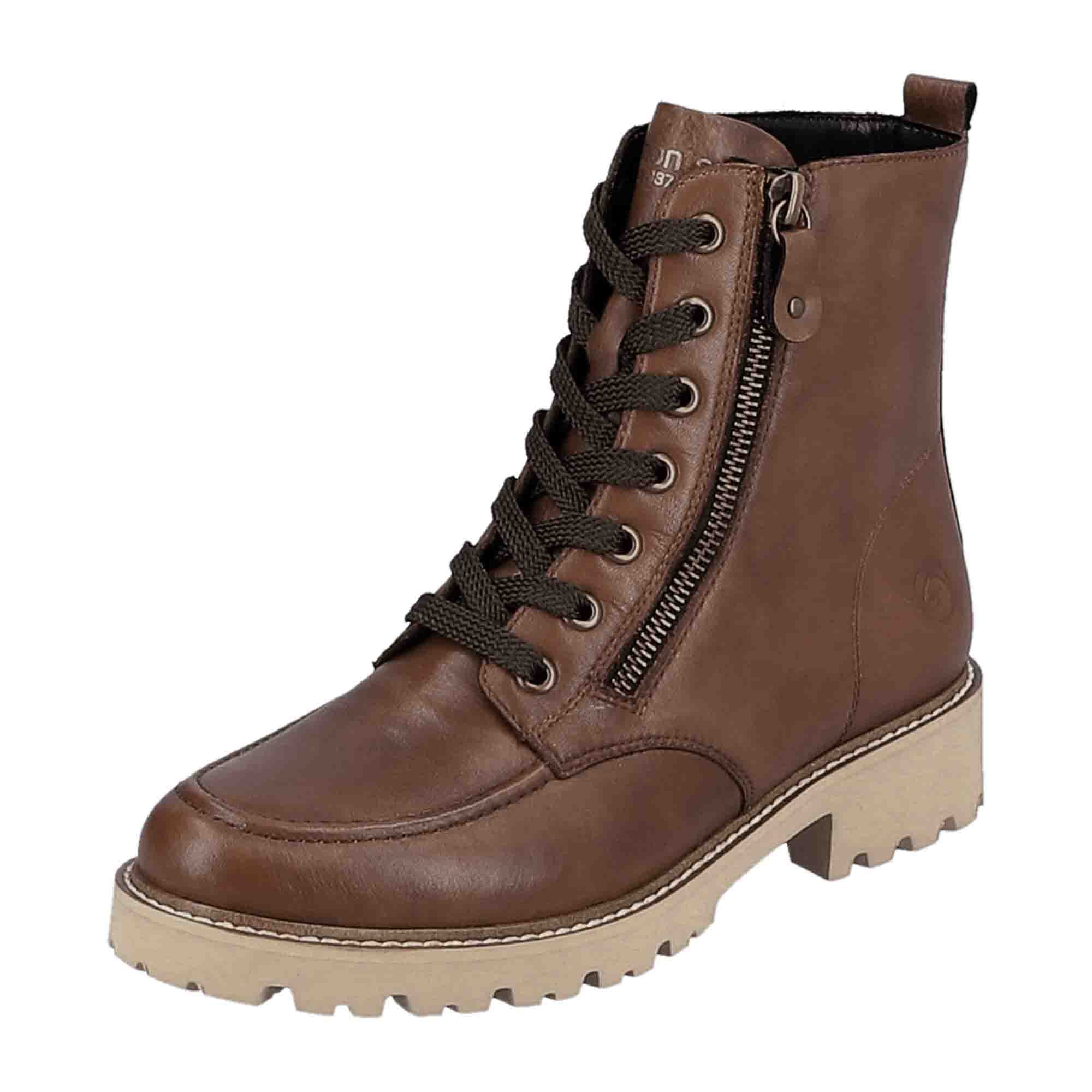 Remonte Women's Brown Leather Ankle Boots with Zip and Lace-Up Design