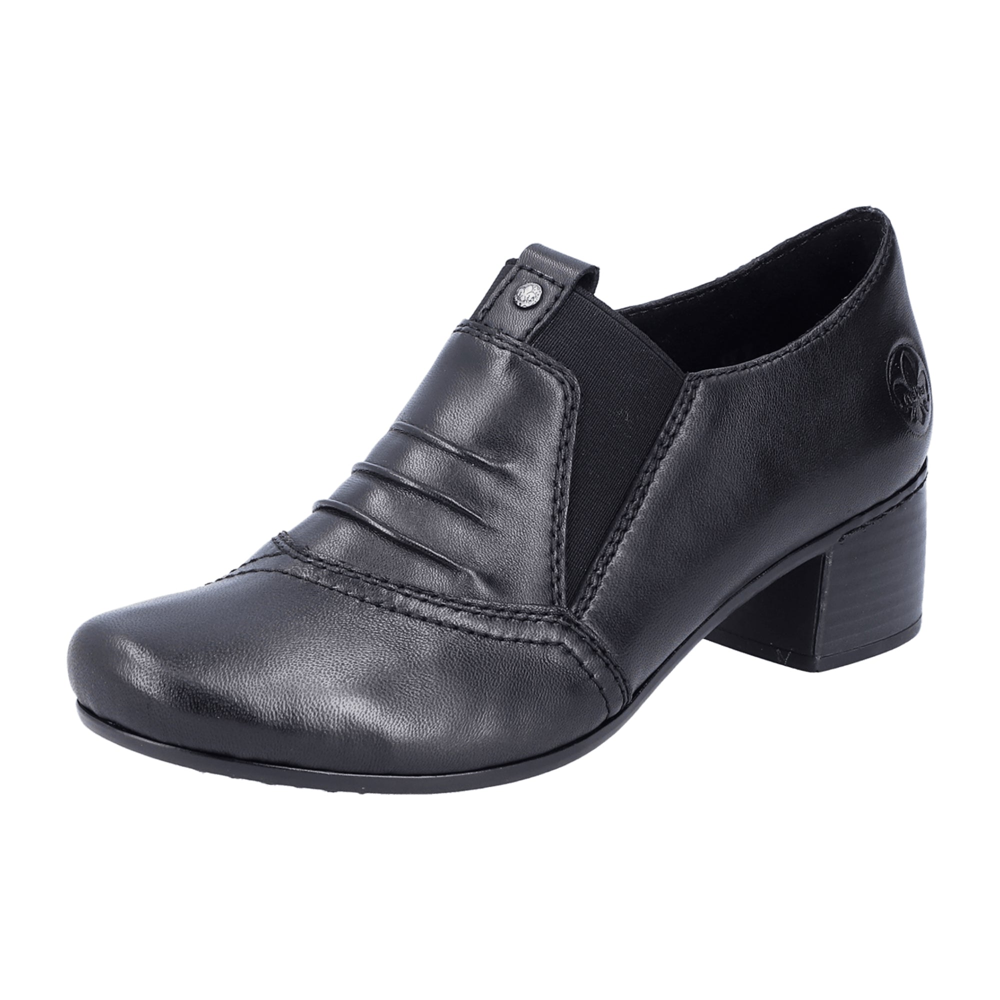 Rieker Black Slip-On Leather Shoes for Women with Block Heel