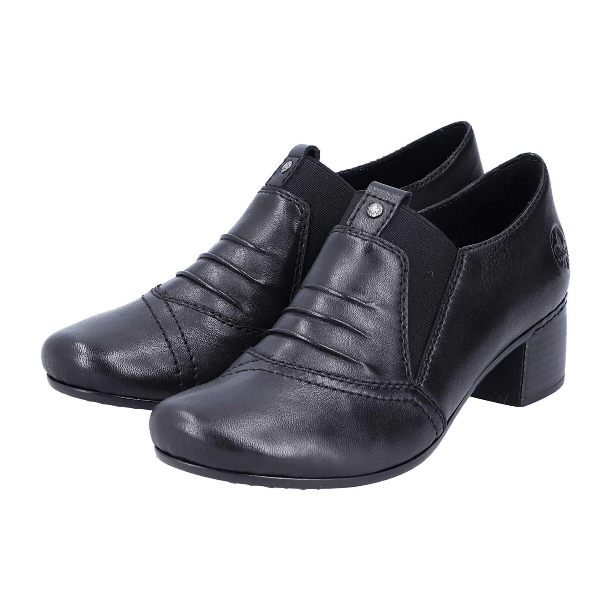 Rieker Black Slip-On Leather Shoes for Women with Block Heel