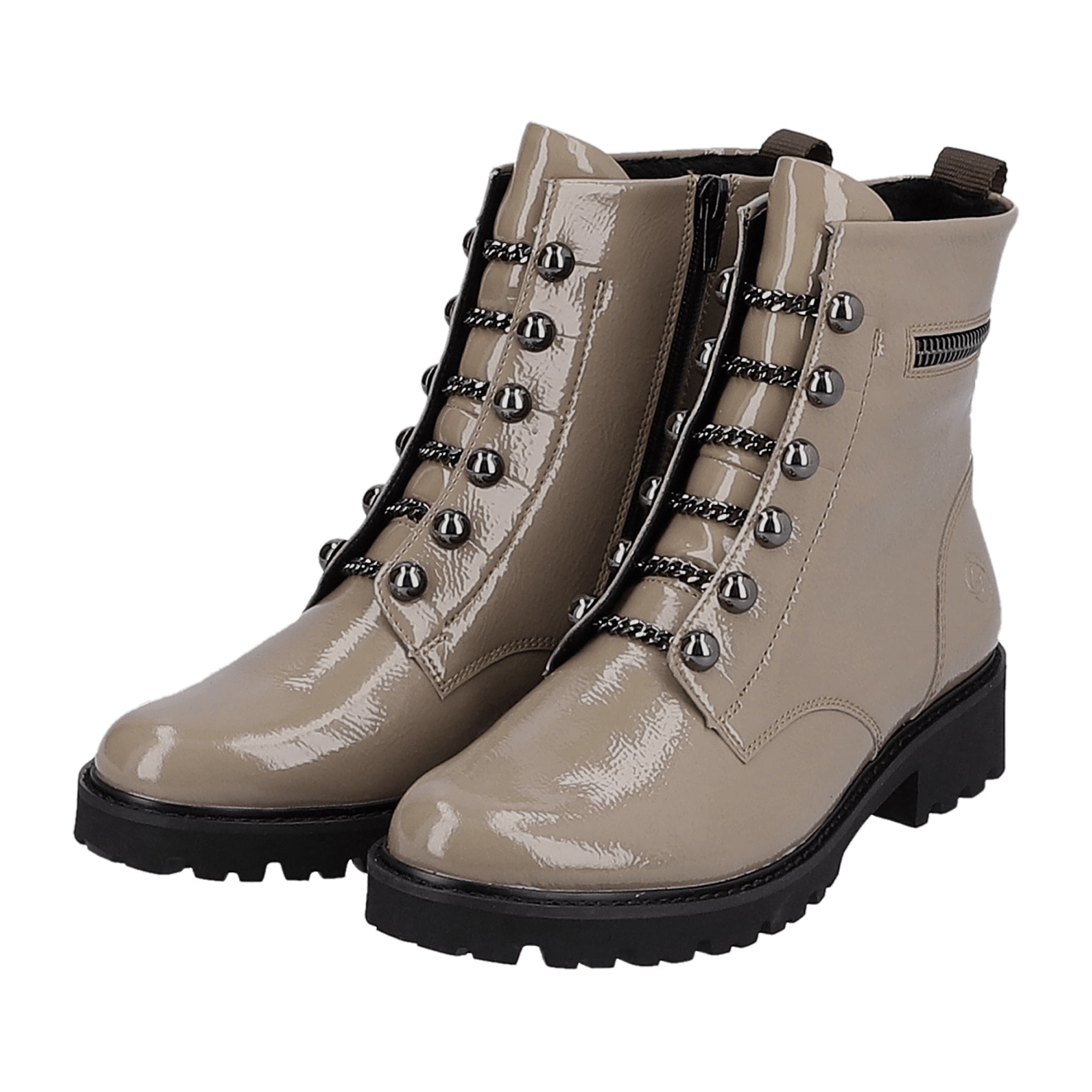 Remonte Beige Women's Ankle Boots with Chain Detail, Zip and Lace-Up