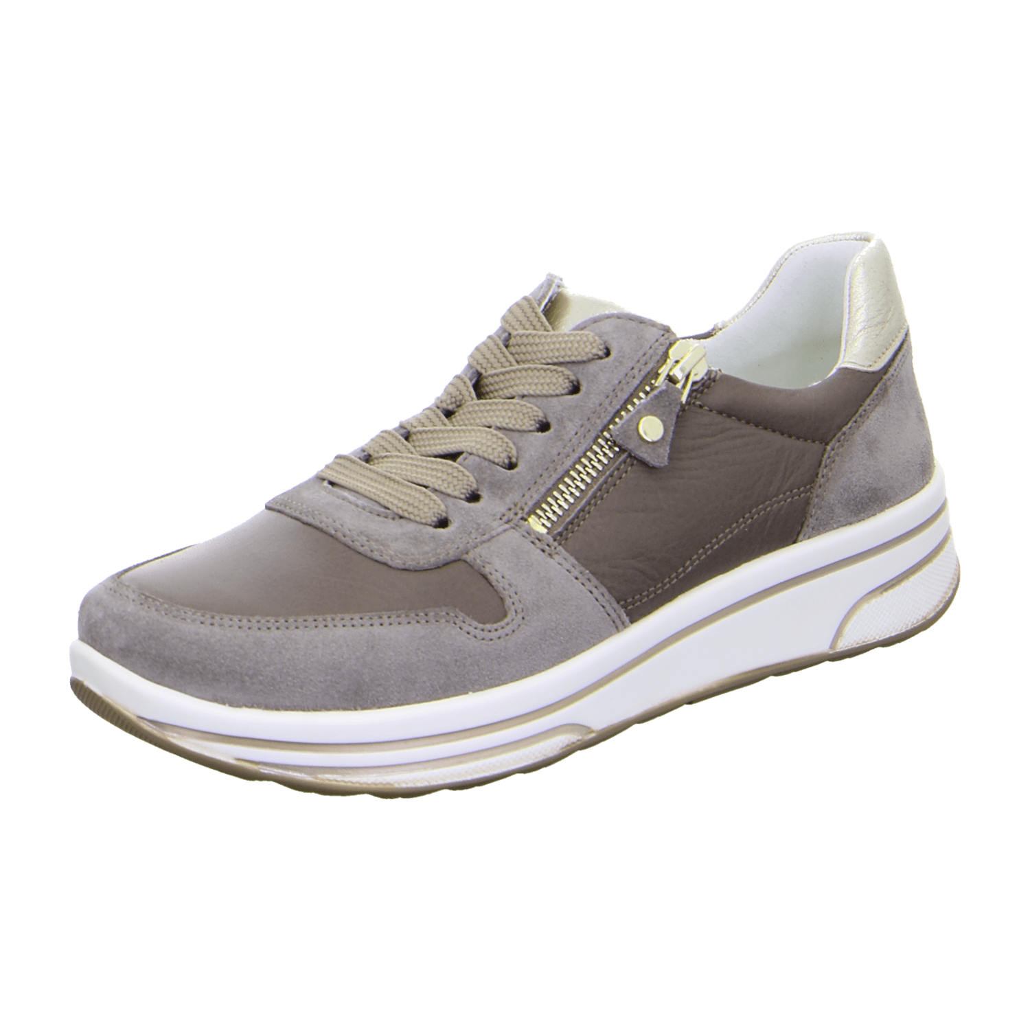 ARA Women's Sneakers in Smooth Leather with Mesh Inserts and Textile Lining in Beige, Featuring a Pull-On Design with Round Toe and Polyurethane Sole