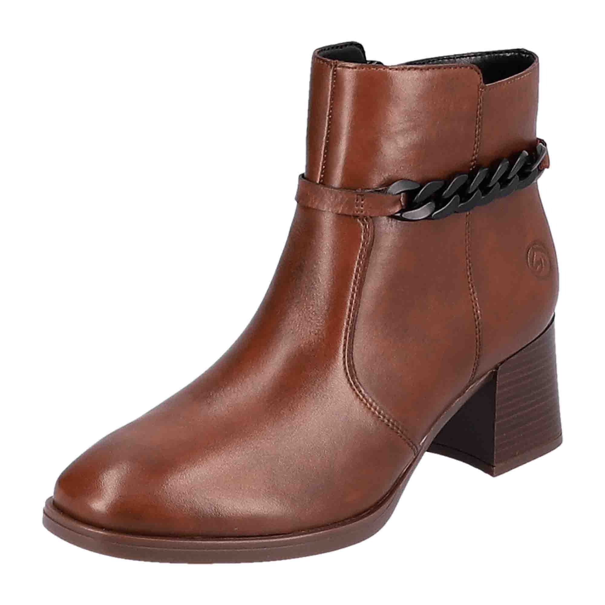 Remonte Women's Brown Leather Ankle Boots with Block Heel and Zip Closure