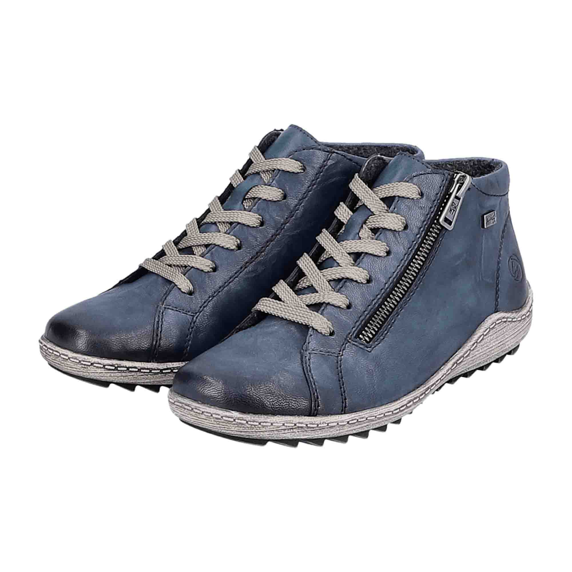 Remonte Women's Blue Leather Ankle Boots with Wedge Heel and Zipper