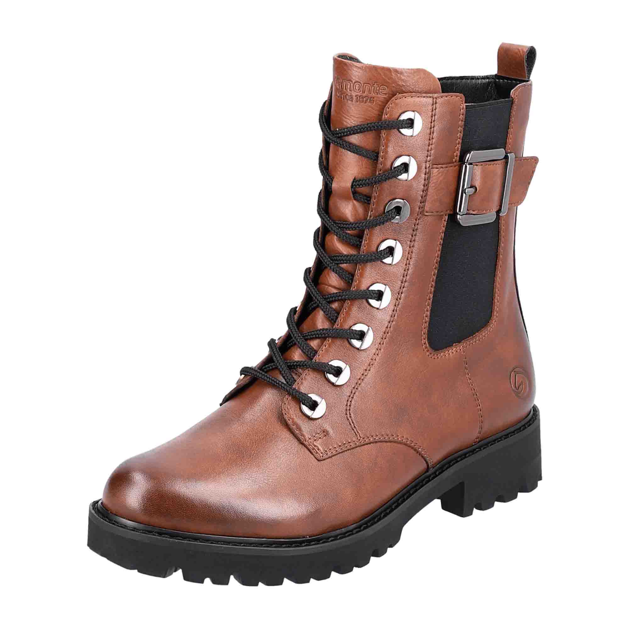 Remonte Women's Brown Leather Ankle Boots with Zip and Lace Up Closure