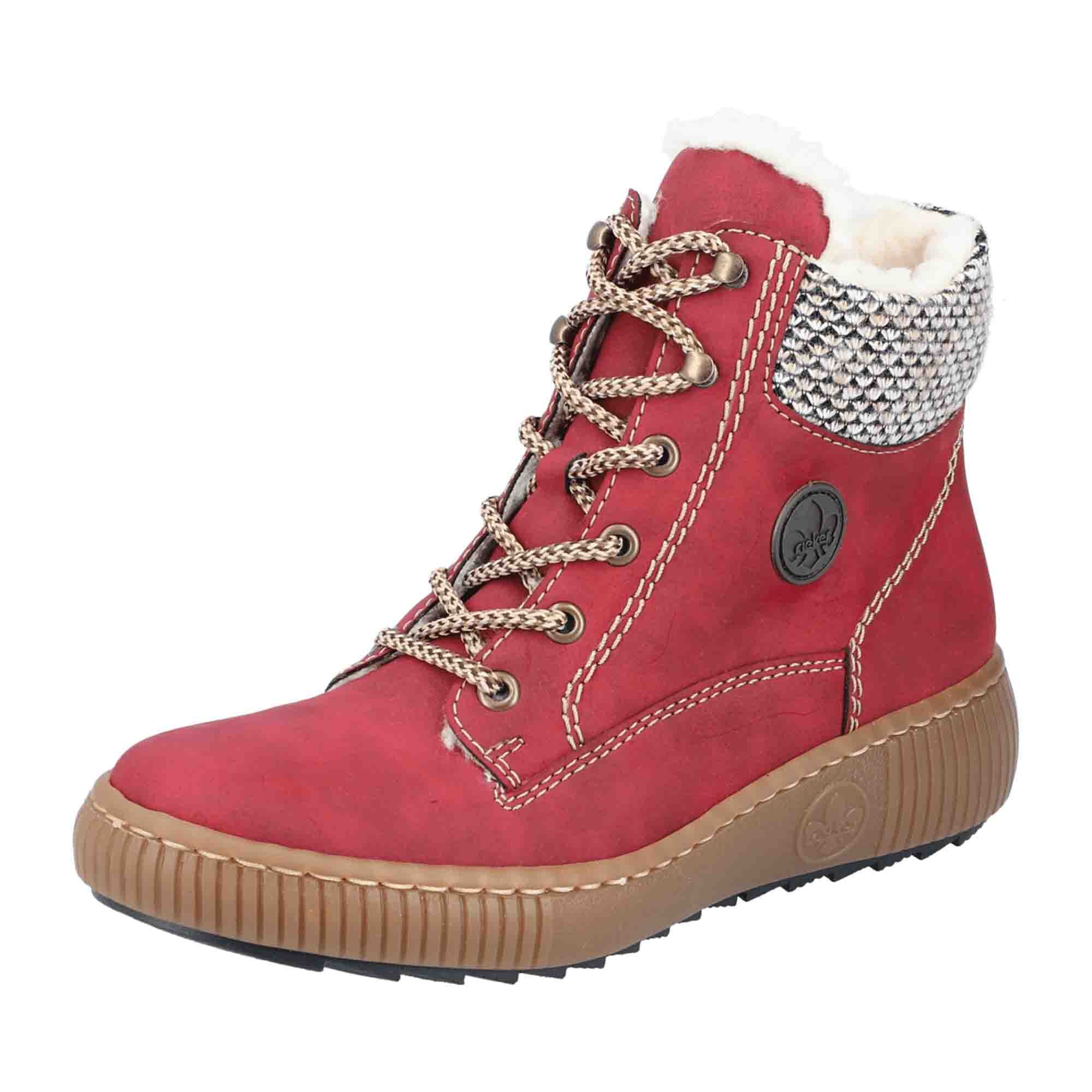 Rieker HWK Women's Red Boots with Zipper and Laces, Warm Lined Synthetic Leather