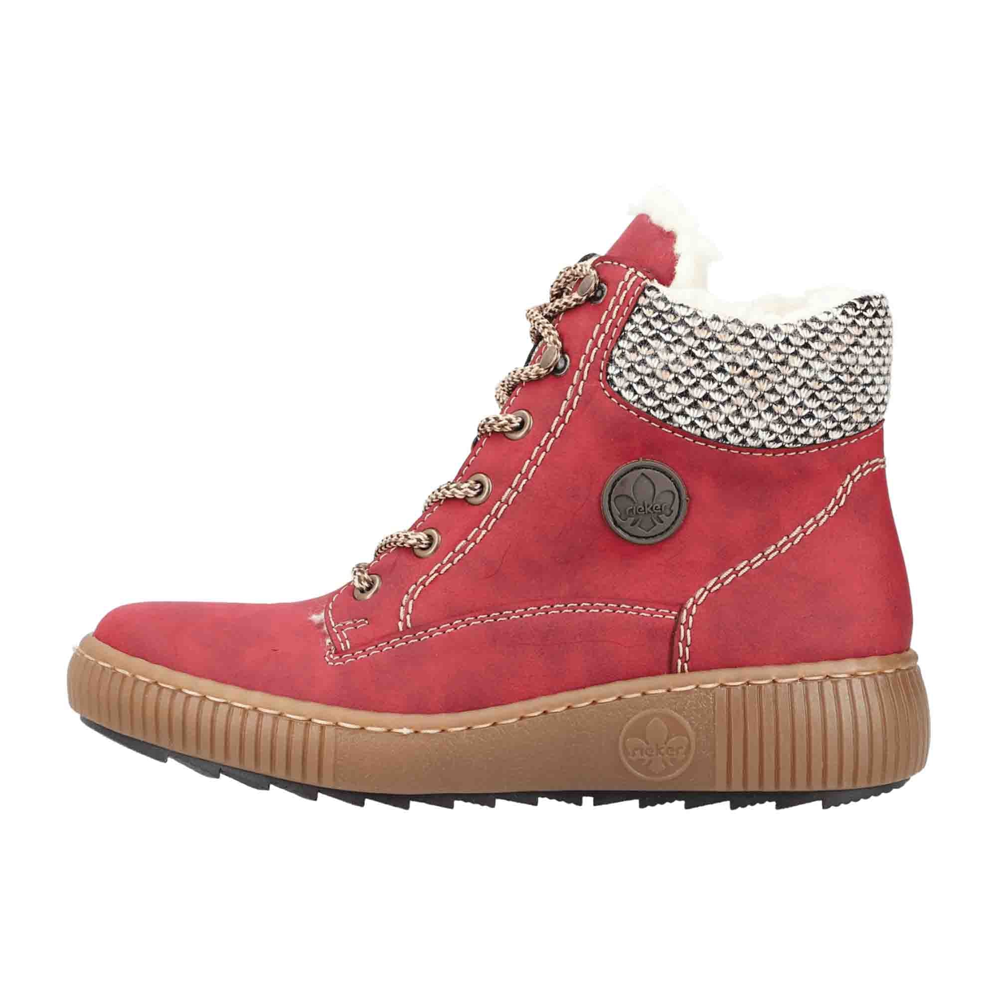 Rieker HWK Women's Red Boots with Zipper and Laces, Warm Lined Synthetic Leather
