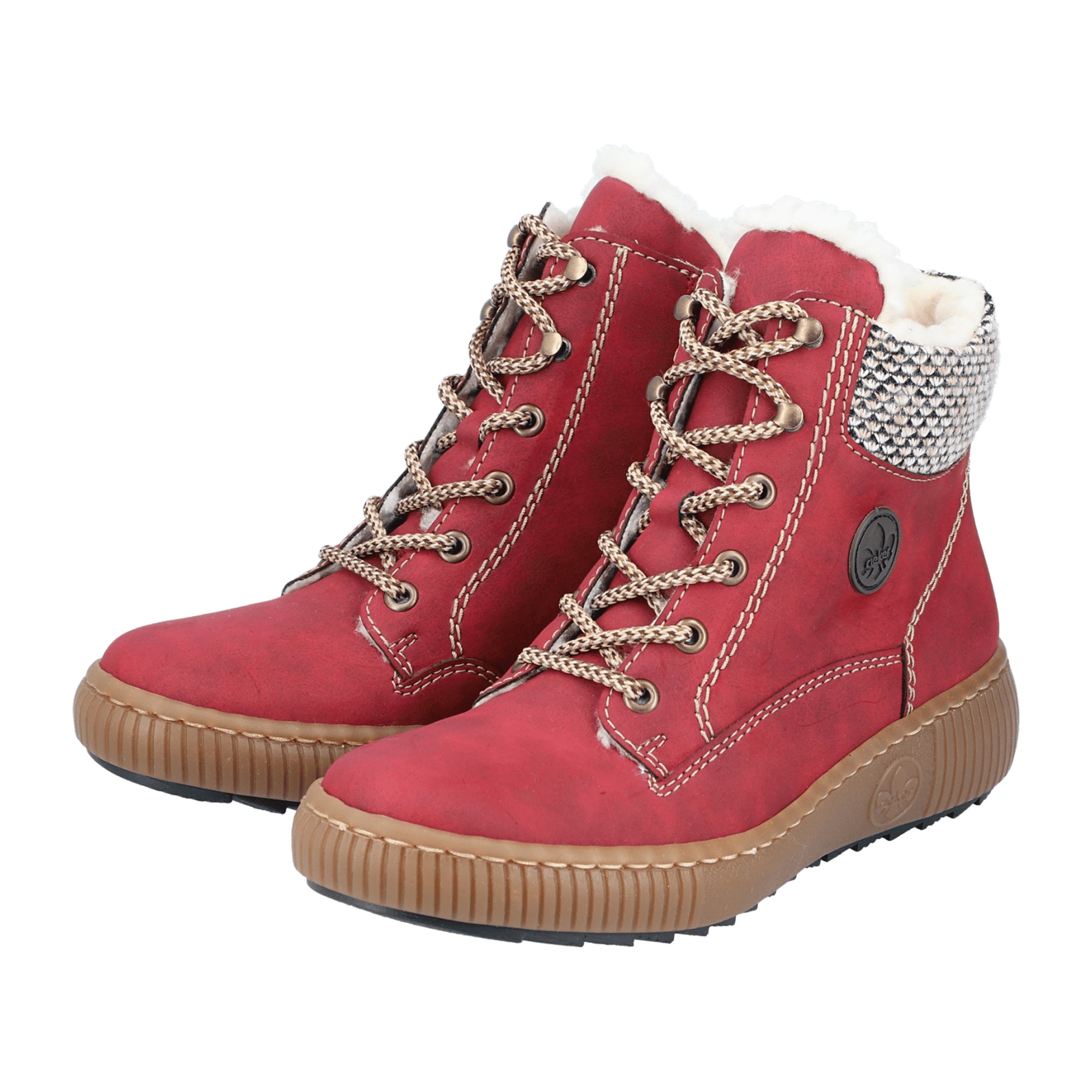 Rieker HWK Women's Red Boots with Zipper and Laces, Warm Lined Synthetic Leather